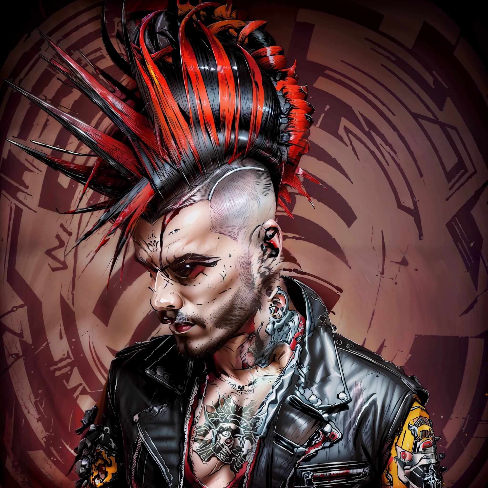 Hay un hombre con un mohawk en la cabeza y haciendo una peineta con un dedo de una mano, Retrato de un punk masculino, Punk rock con Mohawks, Personas con Mohawks, punk-rockero, Punkies, rockero punk, Explotados!!, con un mohawk, Explotados, Estilo punk, diselpunk, Cabello naranja puntiagudo, peinado rojo mohawk, Estilo de Seb McKinnon