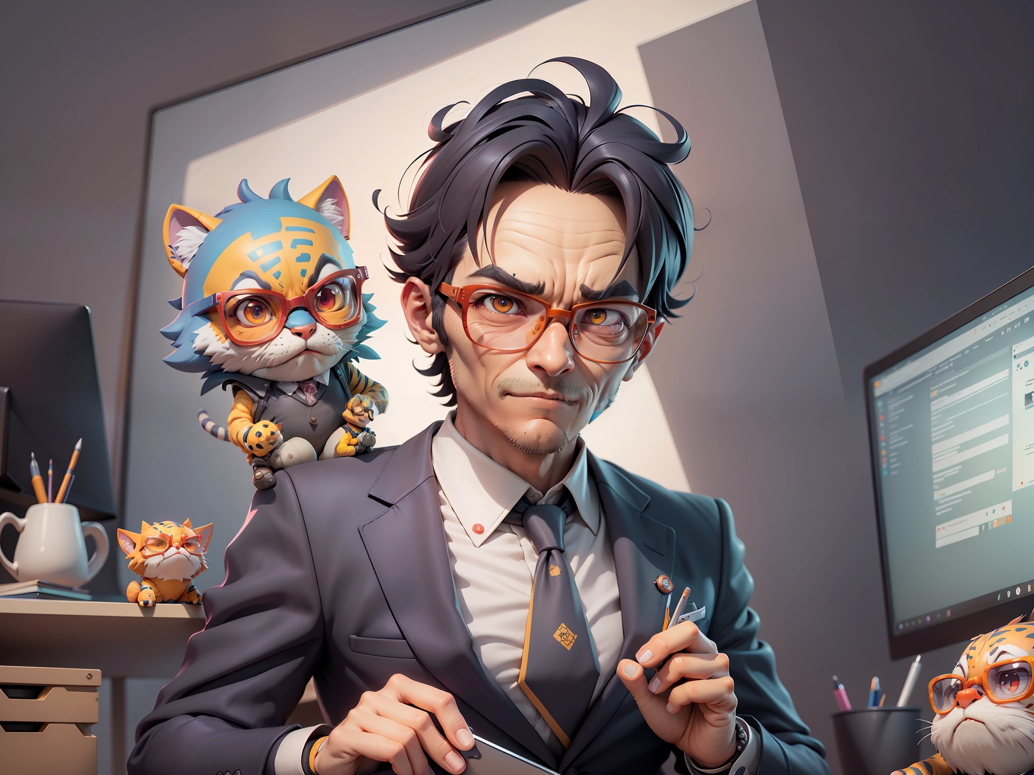 A young man in a suit, Short hair and glasses sat at his desk,holding laptop,digitial painting,tigre,3D character design by Mark Clairen and Pixar and Hayao Miyazaki and Akira Toriyama,4K HD illustration,Very detailed facial features and cartoon-style visuals。