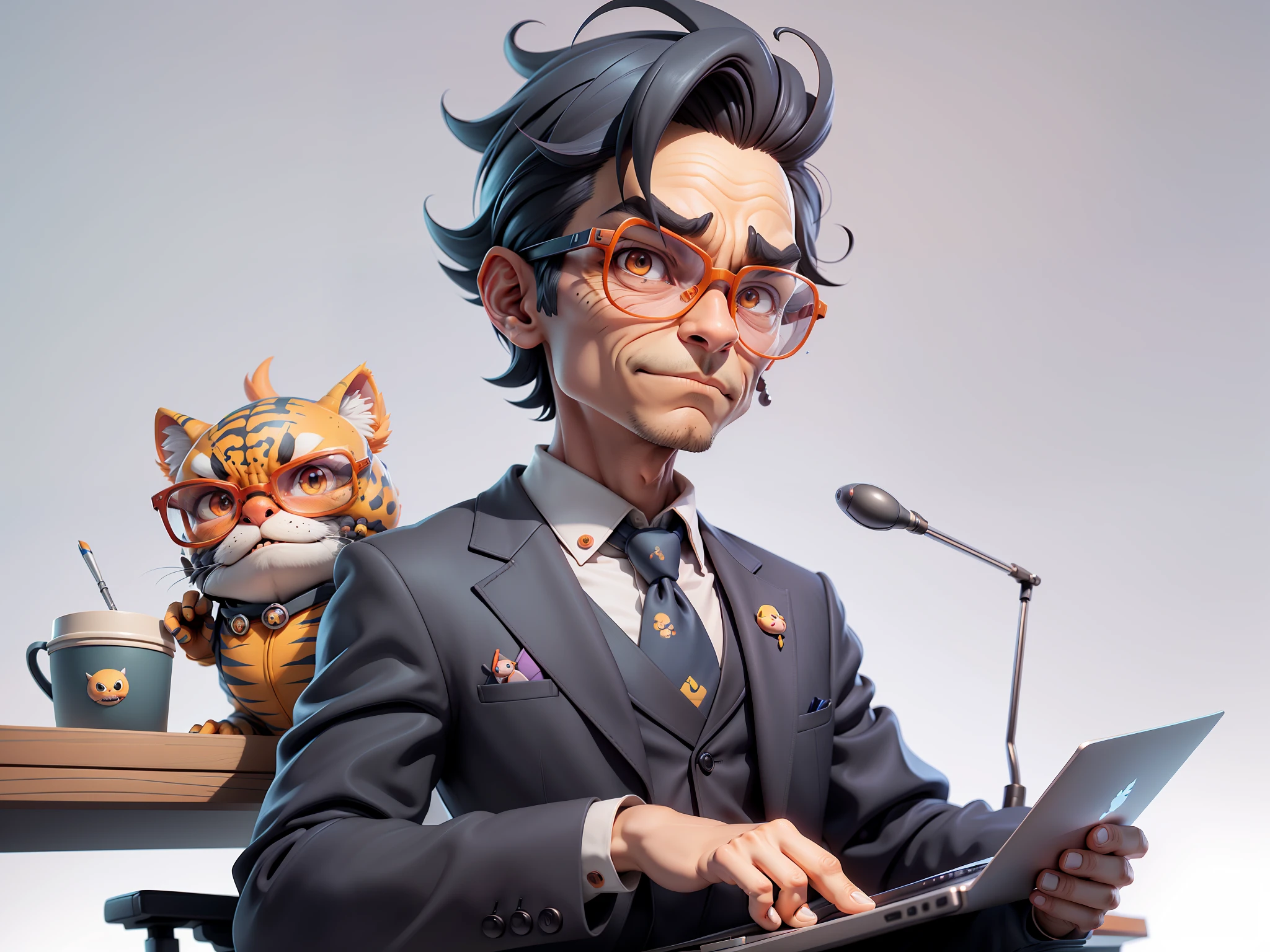 A young man in a suit, Short hair and glasses sat at his desk，holding laptop，digitial painting，tigre，3D character design by Mark Clairen and Pixar and Hayao Miyazaki and Akira Toriyama，4K HD illustration，Very detailed facial features and cartoon-style visuals。