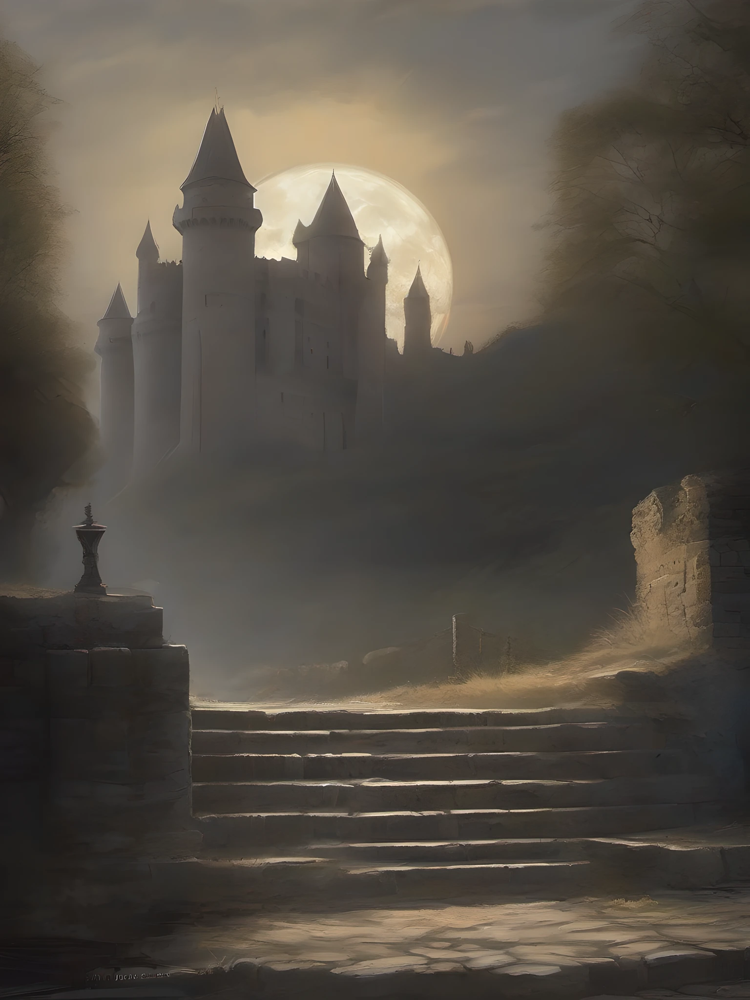 Un embrujo, (gothic style:1.2), (malhumorado:1.1) Pintura de un majestuoso y ominoso castillo oscuro, encaramado en lo alto de un acantilado rocoso, (envuelto en niebla), (illuminated by the pale light of the moon), (Dramatic lighting), (Detalles intrincados), (enfatizando la arquitectura del castillo:1.3), (tendencias en Artstation), (cinematic quality), (painterly textures), (Mysterious atmosphere), (Sombras siniestras), (Magnificent structure), (Attention to the history of the castle:1.2), (tendencias en CGSociety), (con un toque de elementos sobrenaturales), (ilustraciones de Antonio Moro y Greg Manchess), (Tendencias en Behance), (Calidad de National Geographic), (foco nítido), (Capturando la grandeza del castillo:1.1), (Renderizado hiperrealista), (tallas de piedra detalladas), (Renderizado del motor irreal:1.2), (Detalles estilizados:1.1), (Clima oscuro y tormentoso), (Attention to the surroundings of the castle:1.1).
