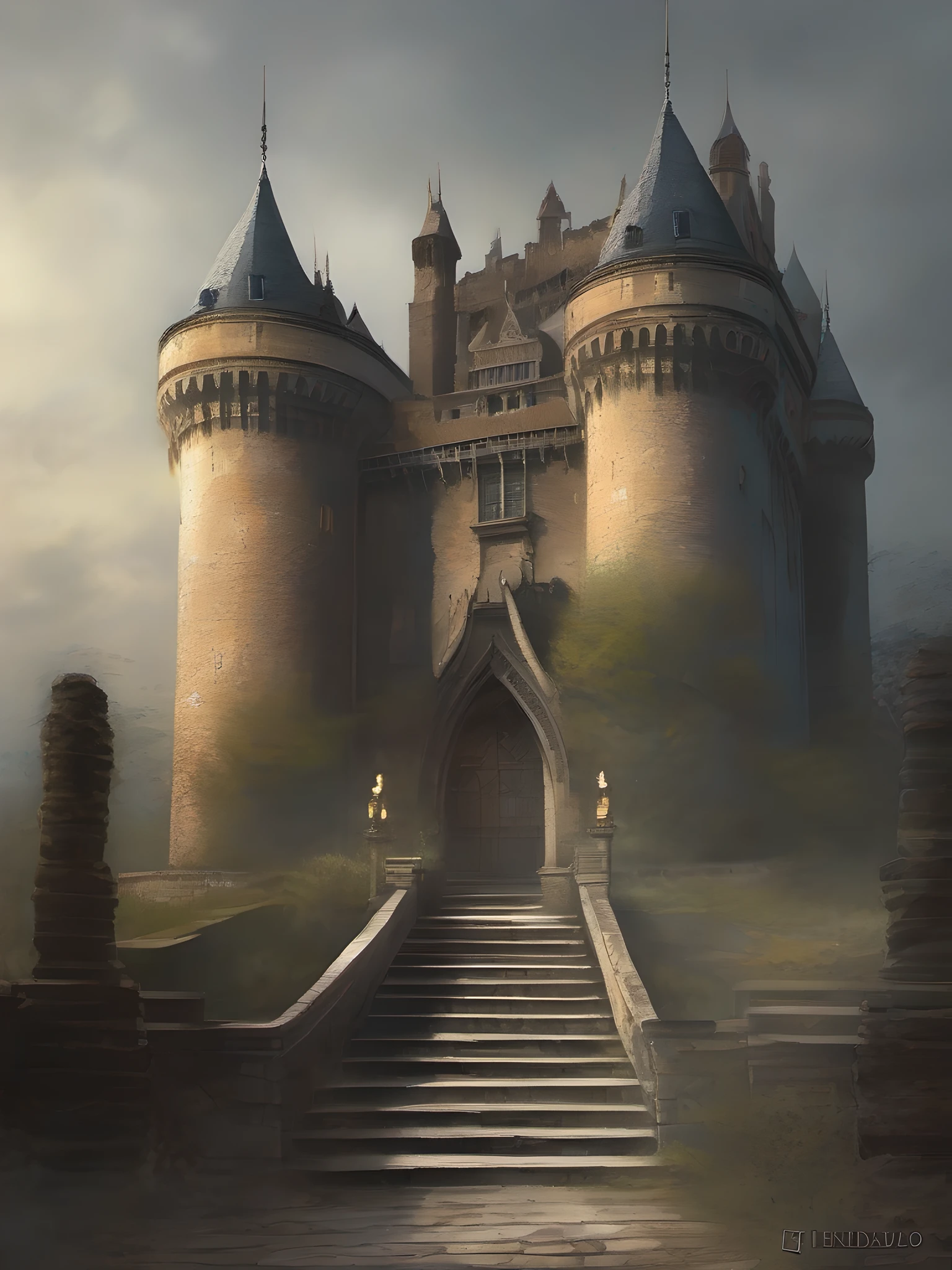 Un embrujo, (gothic style:1.2), (malhumorado:1.1) Pintura de un majestuoso y ominoso castillo oscuro, encaramado en lo alto de un acantilado rocoso, (envuelto en niebla), (illuminated by the pale light of the moon), (Dramatic lighting), (Detalles intrincados), (enfatizando la arquitectura del castillo:1.3), (tendencias en Artstation), (cinematic quality), (painterly textures), (Mysterious atmosphere), (Sombras siniestras), (Magnificent structure), (Attention to the history of the castle:1.2), (tendencias en CGSociety), (con un toque de elementos sobrenaturales), (ilustraciones de Antonio Moro y Greg Manchess), (Tendencias en Behance), (Calidad de National Geographic), (foco nítido), (Capturando la grandeza del castillo:1.1), (Renderizado hiperrealista), (tallas de piedra detalladas), (Renderizado del motor irreal:1.2), (Detalles estilizados:1.1), (Clima oscuro y tormentoso), (Attention to the surroundings of the castle:1.1).