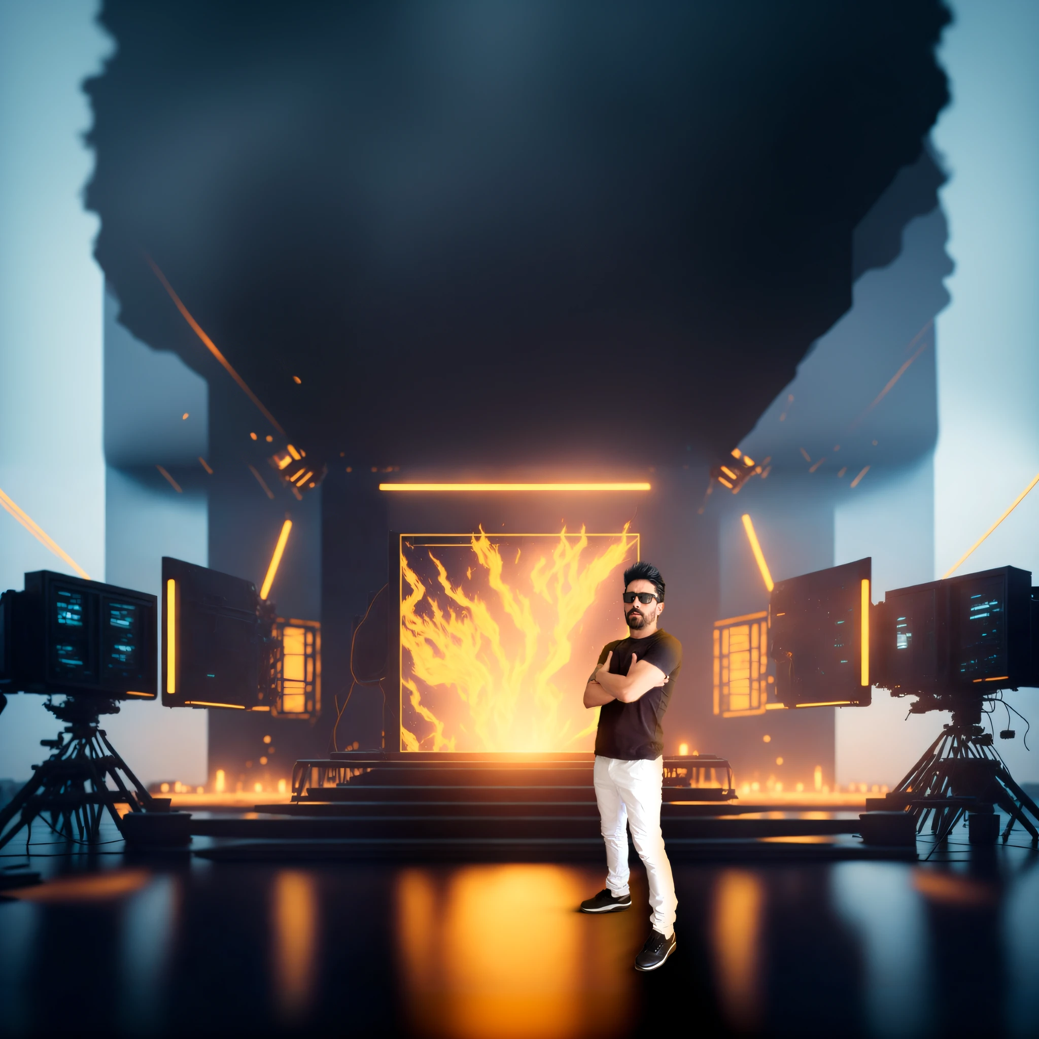 Homem de Arafed em frente a um palco com um fogo ao fundo, The background is on fire, cena em chamas ao fundo, arte de fundo, para alugar artista 3d, Chamas ao fundo, studio background, fundo do palco, fundo hiper realista, vijay jayant props, conjunto virtual, bigstudiovfx, fundo isolado, Hologramas corporativos, Tiro VFX