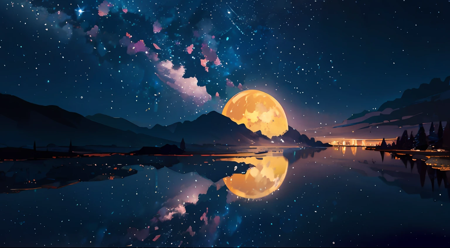 starry night sky with a full moon reflecting in a lake, calm night. digital illustration, highly detailed background, magnificent background, big moon above the water, endless cosmos in the background, beautiful moonlight night, nighttime nature landscape, night landscape background, night sky reflected in the water, amazing wallpaper, reflection of the moon, moon reflecting on the water, beautiful digital artwork