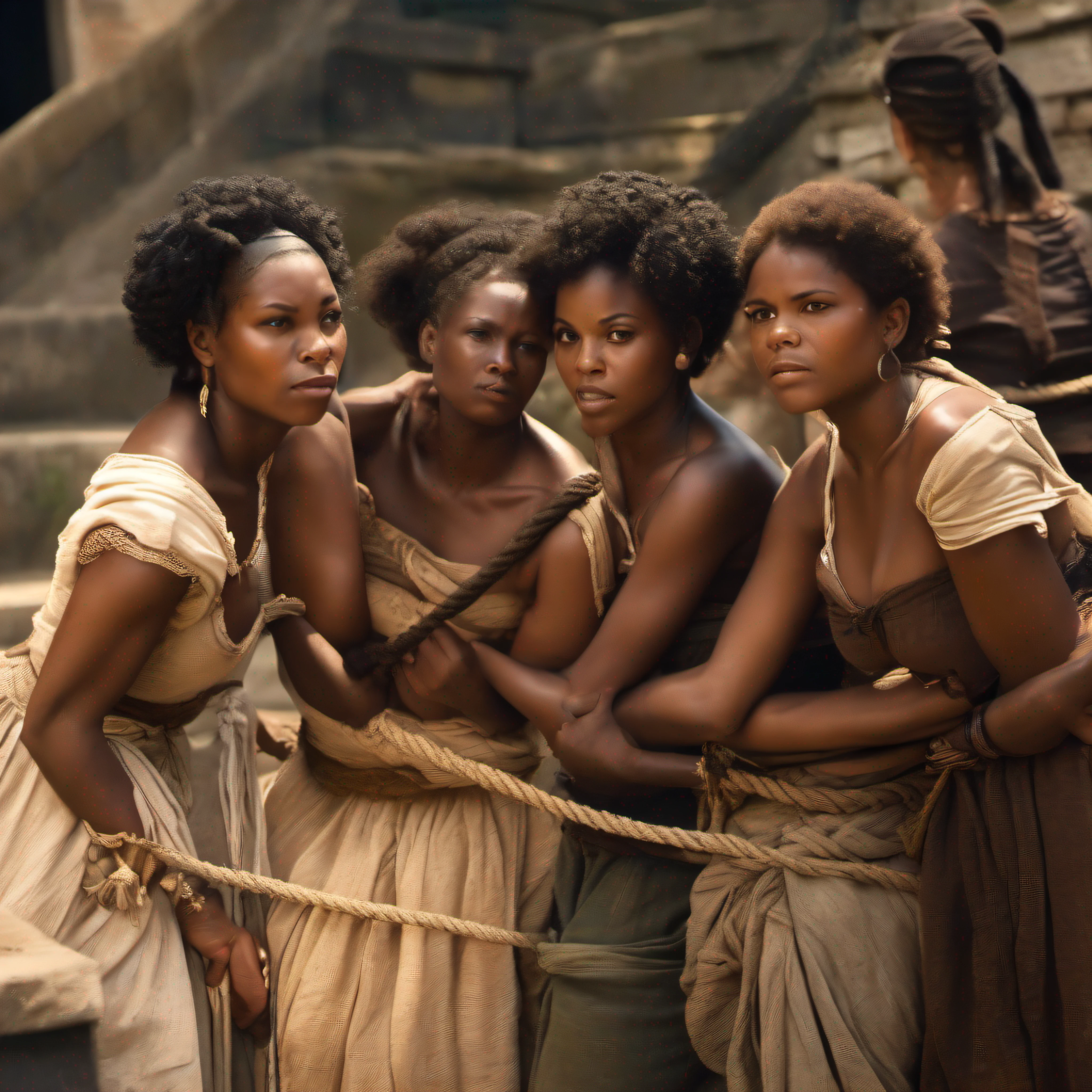 Five half-naked African slave women tied with a rope, descendant un escalier, grandes souffrance, tristesse dans les yeux, corps entier nu, no clothe, pas de coiffe, cheveux noirs, Dynamic scene from the movie Amistad, looking at the 50mm camera, Realistic photo HD, Diffuse light, Rebel Republic Environment, , hyper detailed, Whole size