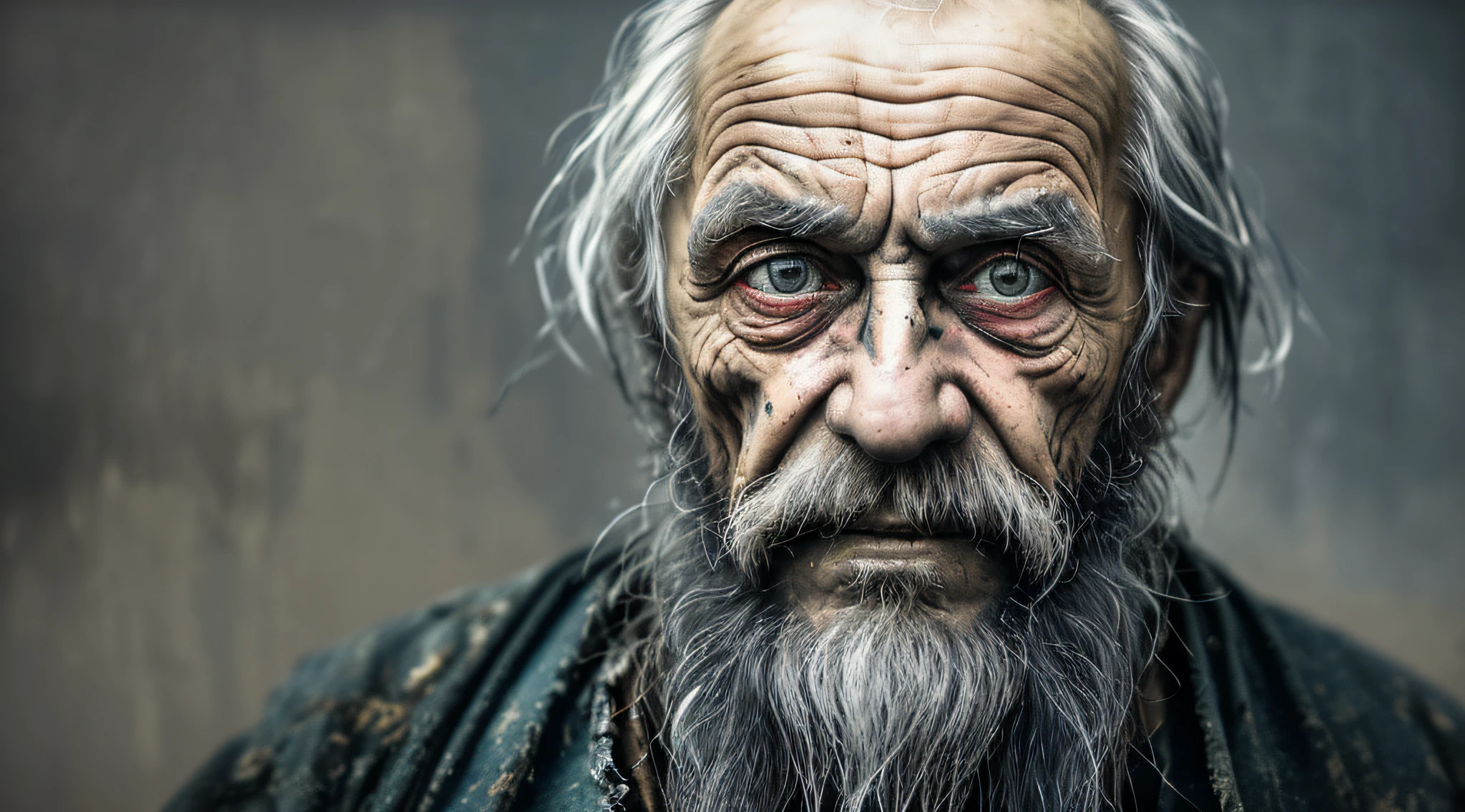 A portrait of poor russian 1800 old worker in rags, ((overwhelming fatigue )), wrinkles of age, concept art, oil pastel painting , moody gray colors , gritty, messy stylestyle of Alexey Savrasov, Ivan Shishkin, Ilya Repin, (cel shaded:1.2), 2d, (oil painting:1.2) highly detailed