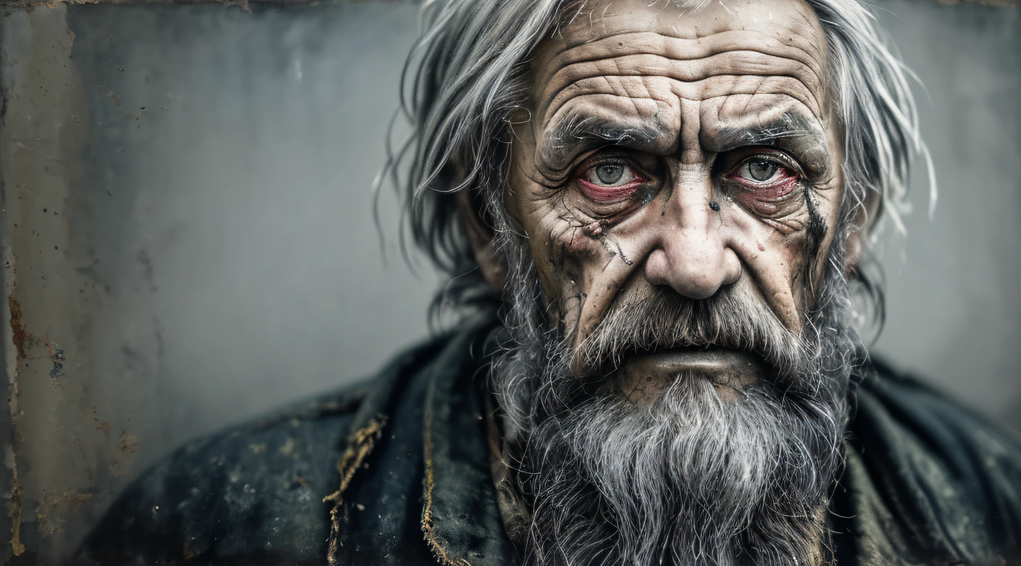 A portrait of poor russian 1800 old worker in rags, ((overwhelming fatigue )), wrinkles of age, concept art, oil pastel painting , moody gray colors , gritty, messy stylestyle of Alexey Savrasov, Ivan Shishkin, Ilya Repin, (cel shaded:1.2), 2d, (oil painting:1.2) highly detailed