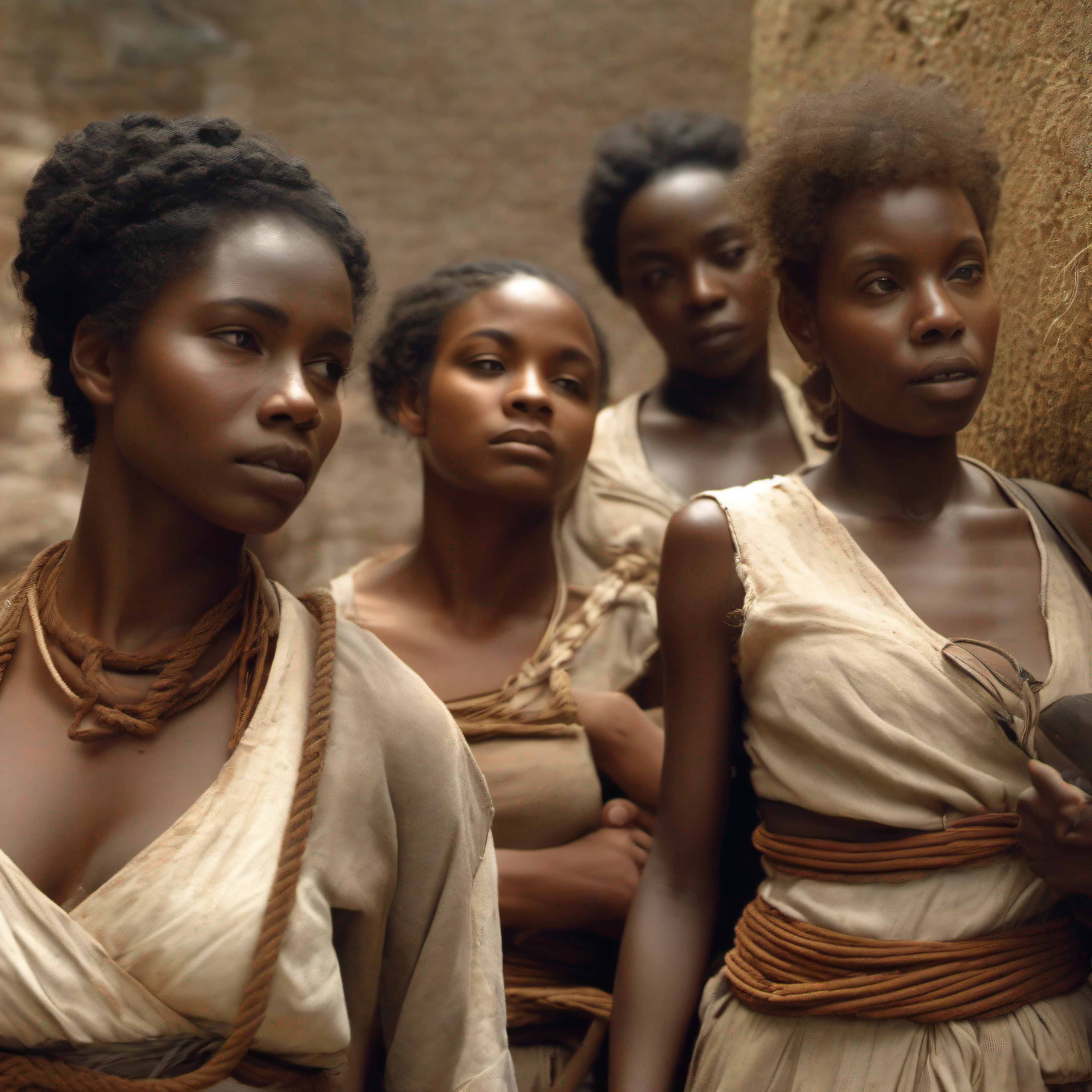 Five half-naked African slave women tied with a rope, descendant un escalier, grandes souffrance, tristesse dans les yeux, corps entier nu, no clothe, pas de coiffe, cheveux noirs, Dynamic scene from the movie Amistad, looking at the 50mm camera, Realistic photo HD, Diffuse light, Rebel Republic Environment, , hyper detailed, Whole size