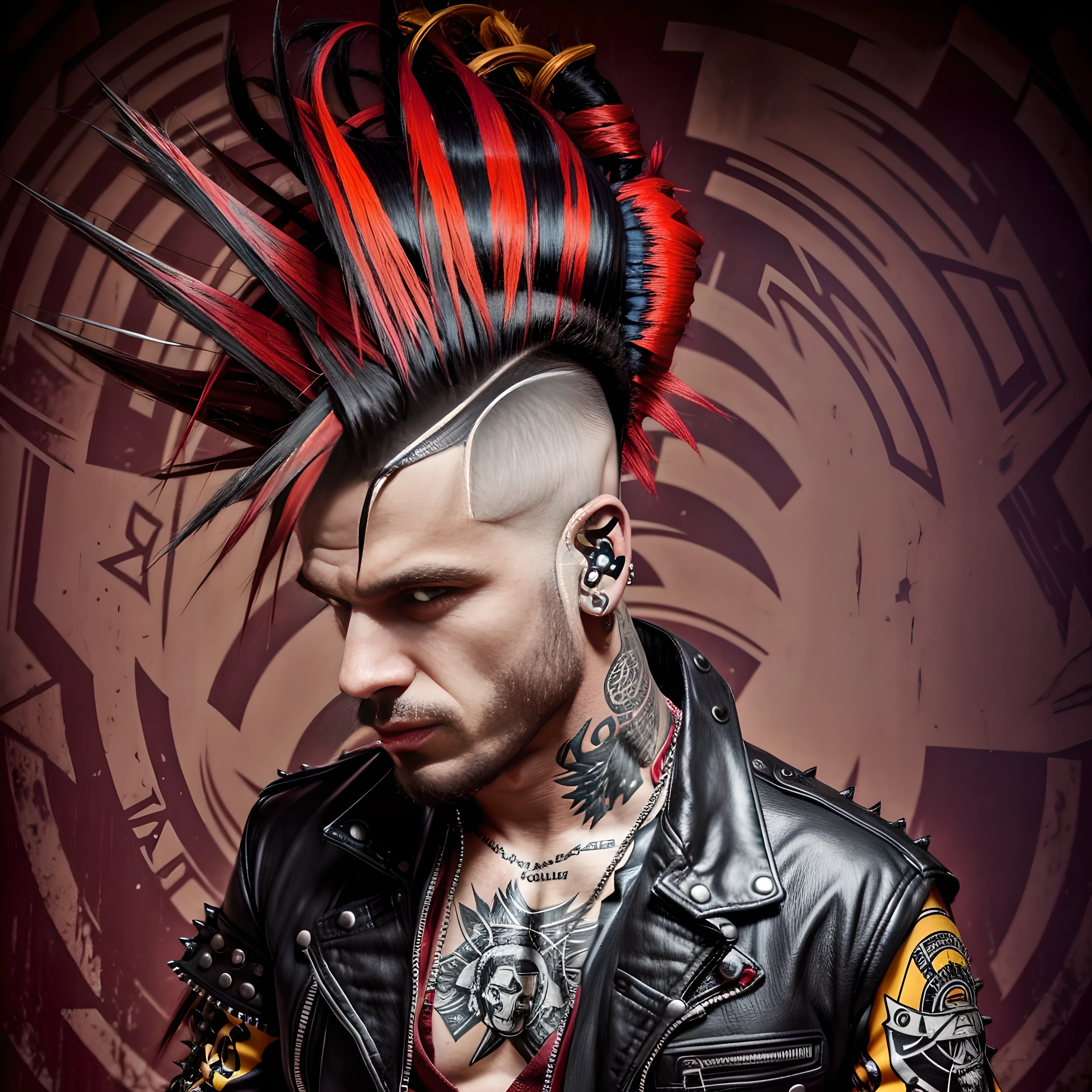 Hay un hombre con un mohawk en la cabeza y haciendo una peineta con un dedo de una mano, Retrato de un punk masculino, Punk rock con Mohawks, Personas con Mohawks, punk-rockero, Punkies, rockero punk, Explotados!!, con un mohawk, Explotados, Estilo punk, diselpunk, Cabello naranja puntiagudo, peinado rojo mohawk, Estilo de Seb McKinnon