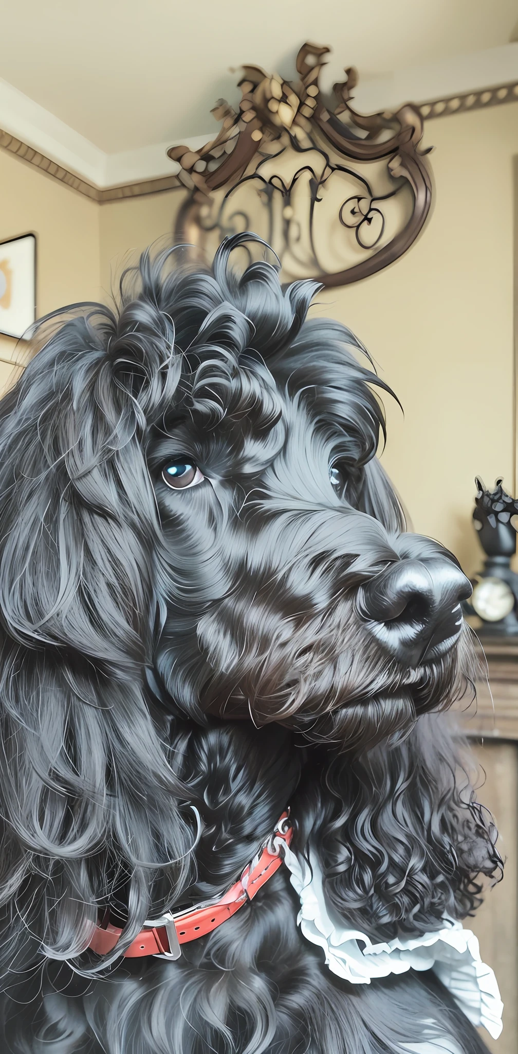 there is a black poodle that is sitting in a room, extremely detailed frontal angle, portrait big dark poodle, highley detailled face, hughly detailed, portrait shot, portrait of rugged zeus, closeup portrait, poodle, front portrait, long curly fur, nice face, closeup of the face, very detailled face