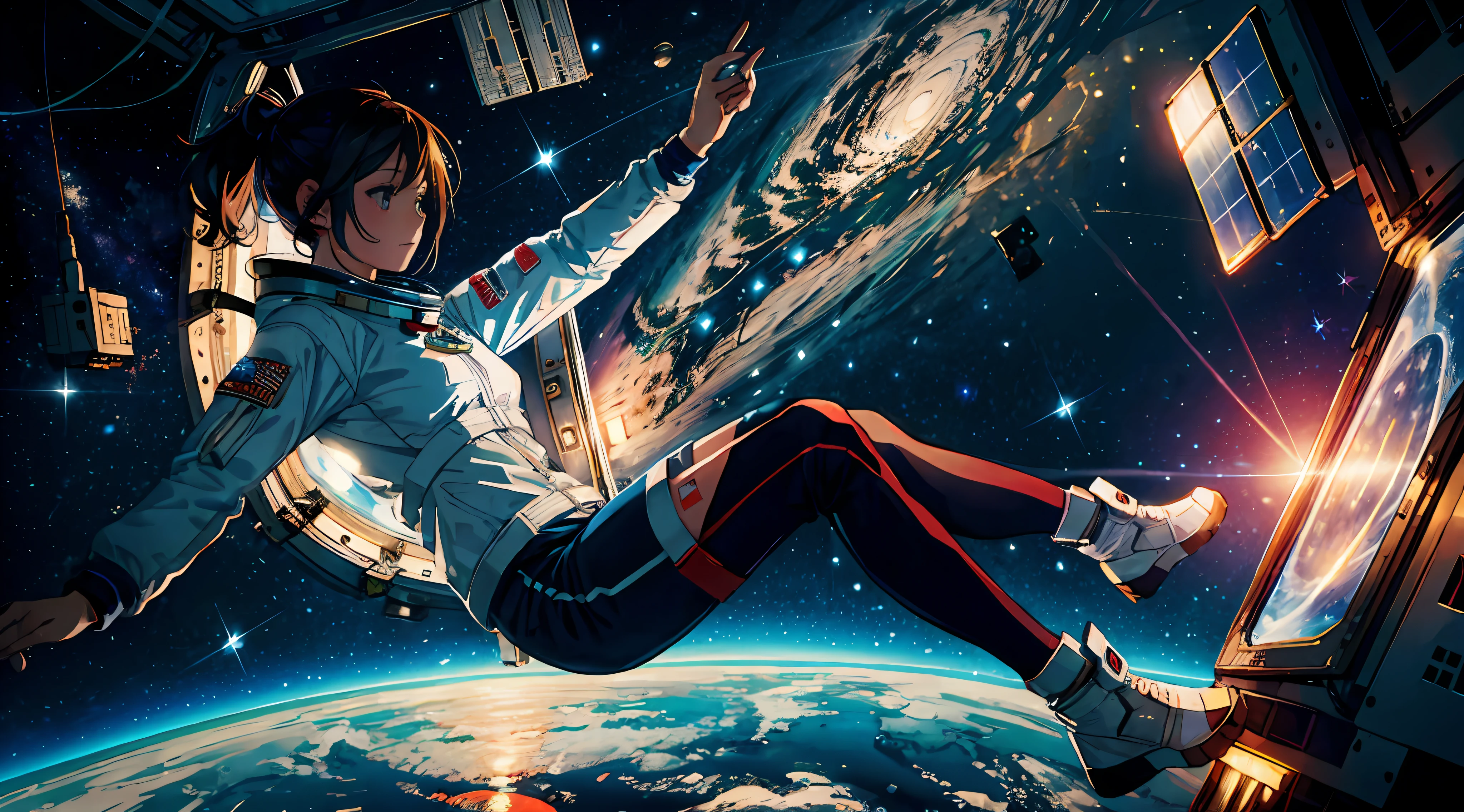 (masterpiece) beautiful female astronaut calmly floating in space station working on small device, through big windows you can see earth in the distance, starlit background, sparkling stars