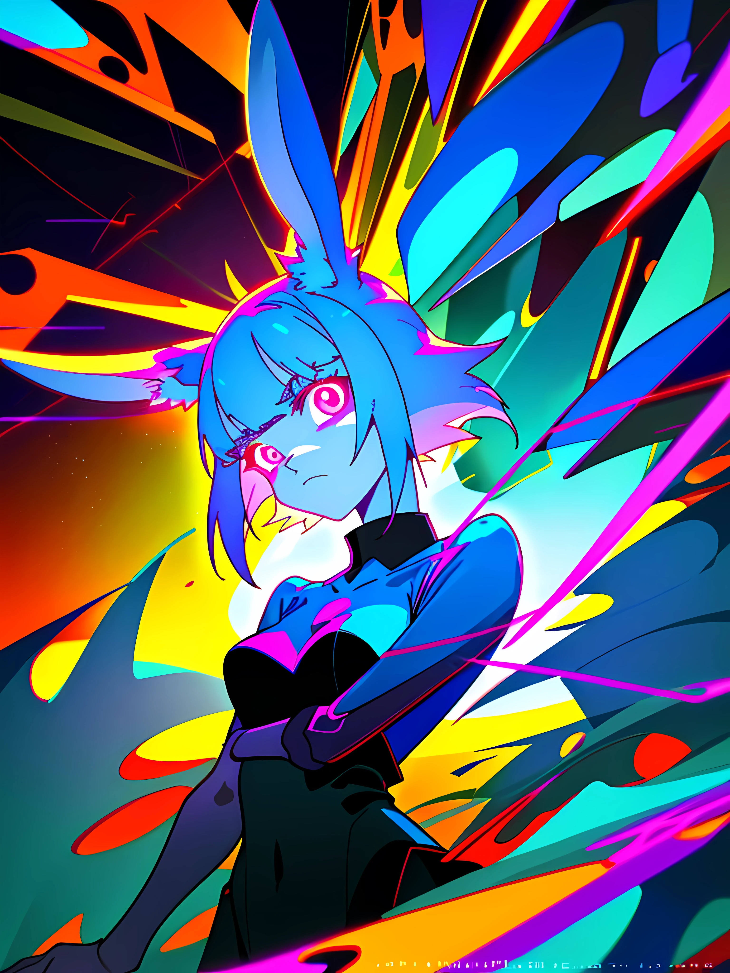 (blame! style abandoned tech landscape), (Zen, Amy Sol style), (like a tunnel that you follow to a tunnel of its own down a hollow in a cavern where the sun has never shone), a blue anthro furry kemono rabbit, (vast decrepit scenery:1.2) blame! style, furry azure blue bunny rabbit in a purple shirt with a black background, blue anthropomorphic bunny rabbit, with glowing eyes, anthro portrait, head-on portrait, nightmarish illustration, glowing eyes everywhere, intense eye contact, hybrid human / anthro, electrixbunny, rabbit anthro portrait, ((portrait)), bunnypunk, weirdcore voidpunk fursona, wearing bunny ears, cover art with light abstraction, abstract, simple vector art, contemporary Cybernetic art, color gradients, soft color palettes, layered forms, whimsical animation, style Ethereal abstract, 4K, --v6