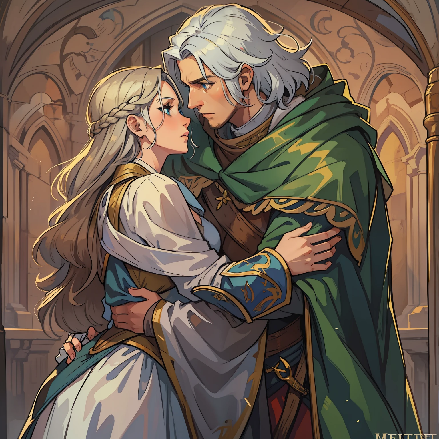 A man with white hair and blue eyes and a woman with brown hair and green eyes are a beautiful couple, They wear elegant medieval robes and are together embraced in an act of close affection, roupas medievais uma arte medieval para RPG arte de RPG