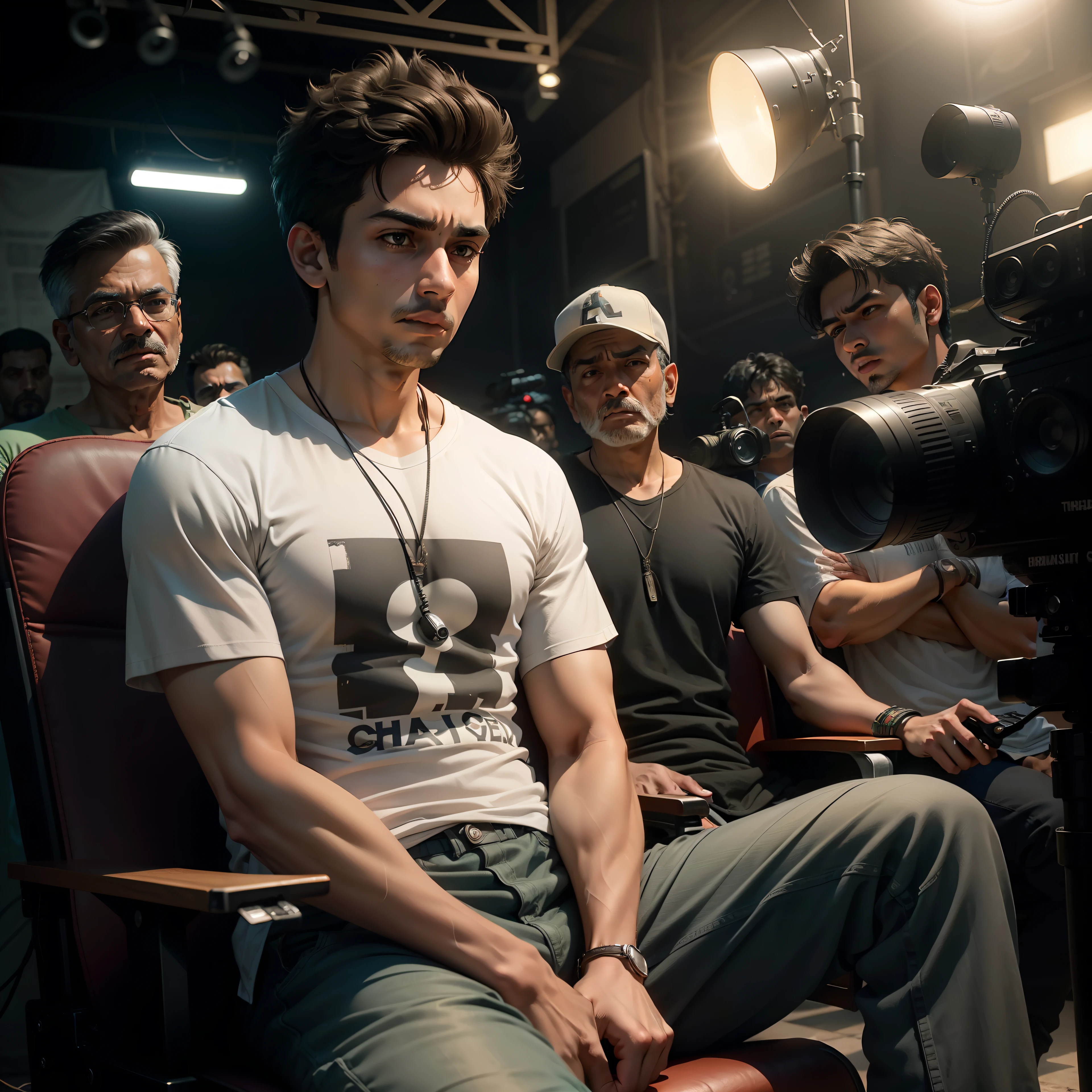 25 years boy in casual clothes, India, thin, talking to cast, sitting on director's chair, background of film set where crew members are working, cinematic, volumetric lighting, 8k, caricature, hyper realistic, (((wide shot))), crew, actors, candid