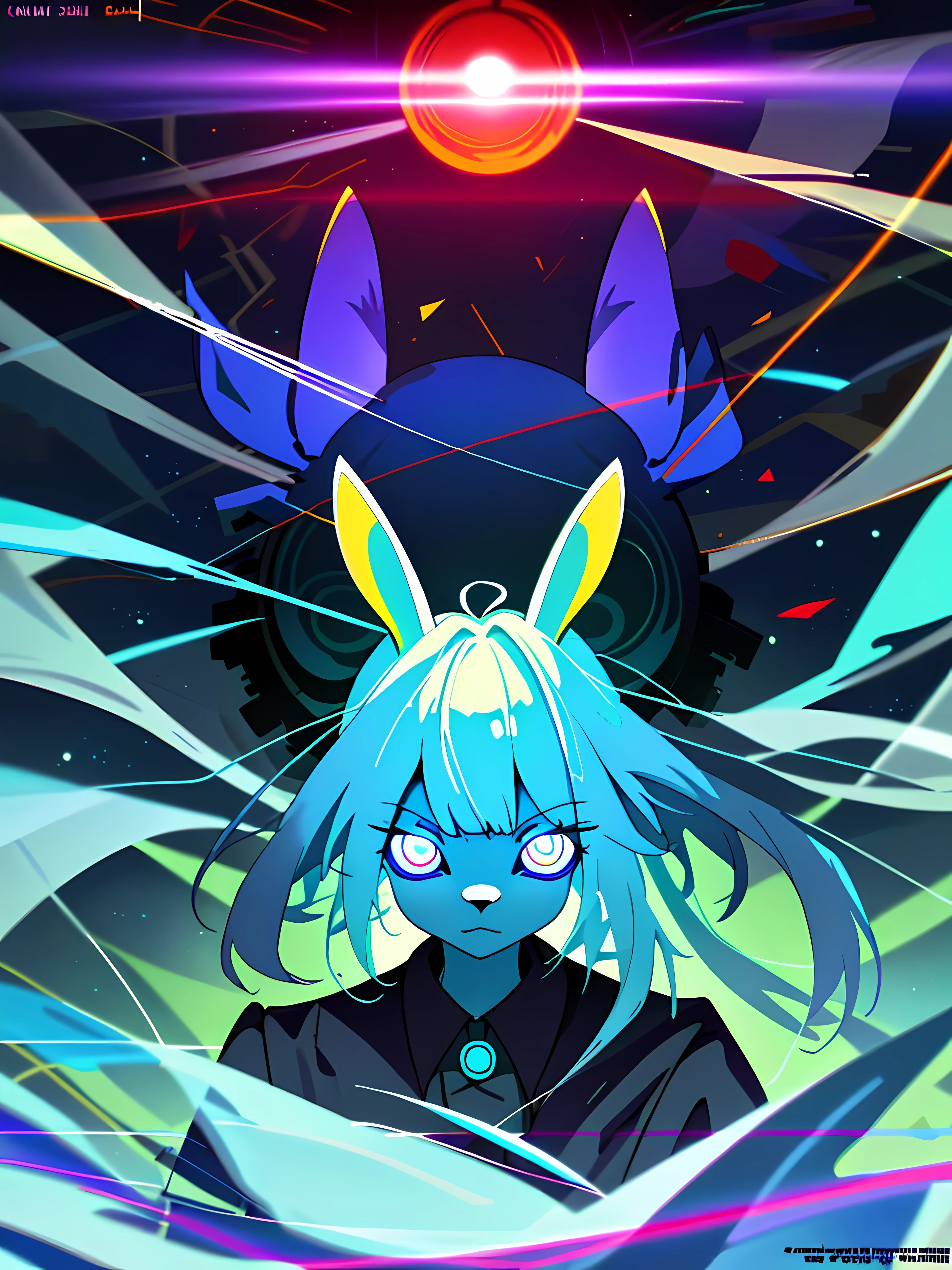 (blame! style abandoned tech landscape), (Zen, Amy Sol style), (like a tunnel that you follow to a tunnel of its own down a hollow in a cavern where the sun has never shone), a blue anthro furry kemono rabbit, (vast decrepit scenery:1.2) blame! style, furry azure blue bunny rabbit in a purple shirt with a black background, blue anthropomorphic bunny rabbit, with glowing eyes, anthro portrait, head-on portrait, nightmarish illustration, glowing eyes everywhere, intense eye contact, hybrid human / anthro, electrixbunny, rabbit anthro portrait, ((portrait)), bunnypunk, weirdcore voidpunk fursona, wearing bunny ears, cover art with light abstraction, abstract, simple vector art, contemporary Cybernetic art, color gradients, soft color palettes, layered forms, whimsical animation, style Ethereal abstract, 4K, --v6