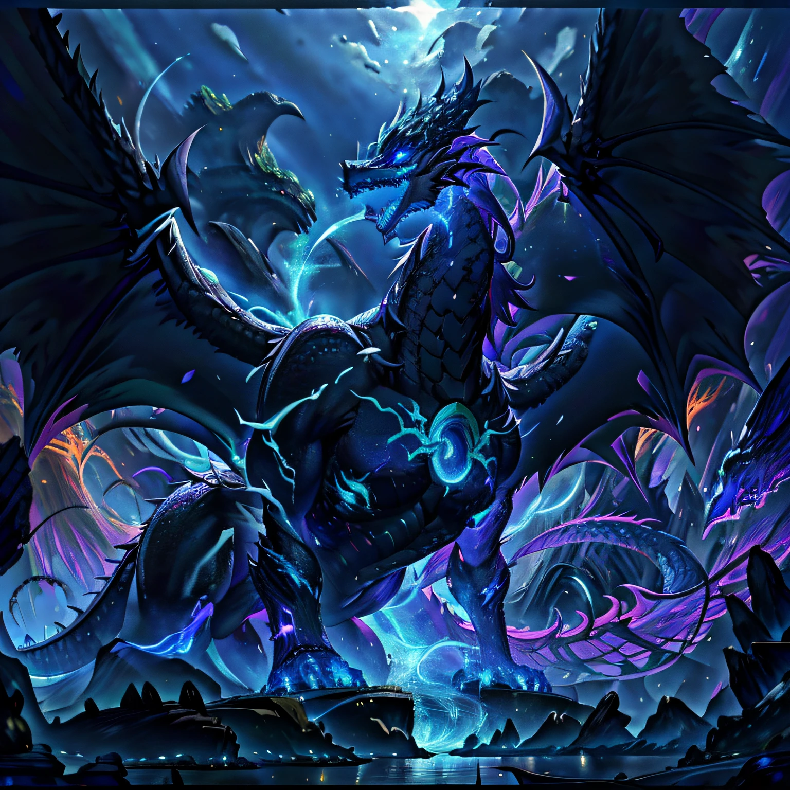 The black dragon with emerald green eyes and purple aura is a creature of beauty and mystery. Your darkened skin is like the deepest night, refletindo um brilho sutil e imponente sob a luz. Its scales are smooth and polished, forming a black armor that shines with a dark elegance. Your eyes are the focal point of your appearance, brilhando com um verde esmeralda hipnotizante. These eyes have a magical touch, able to see beyond appearances and immerse themselves in the essence of the souls they encounter. Eles irradiam uma sabedoria ancestral, making everyone who stares at them feel a shiver of reverence. The purple aura emanating from this black dragon adds a mystical and supernatural dimension to its presence. A luz violeta envolve suas escamas e se estende ao seu redor, creating an enigmatic atmosphere that reveals your connection to the spiritual world. This aura is a representation of your magic and power, granting it a magnetic and imposing presence. Their wings are vast and membranous, allowing him to soar through the skies with extraordinary grace. Quando bate suas asas, a aura roxa brilha intensamente, Creating a magical vision that seems to come out of a dream. Although your appearance may seem intimidating, The black dragon with emerald green eyes and purple aura is a complex and balanced figure. His personality is enigmatic and wise, revealing a deep understanding of the balance between light and shadow. He is a keeper of hidden secrets and a protector of the mystical harmony that pervades the world. His presence is a force of nature, capaz de inspirar temor e respeito em iguais medidas. Those who have the opportunity to meet him are blessed with a unique and unforgettable experience, for he personifies the essence of the magic and majesty of dragons in the fantasy world, ((drogon style))