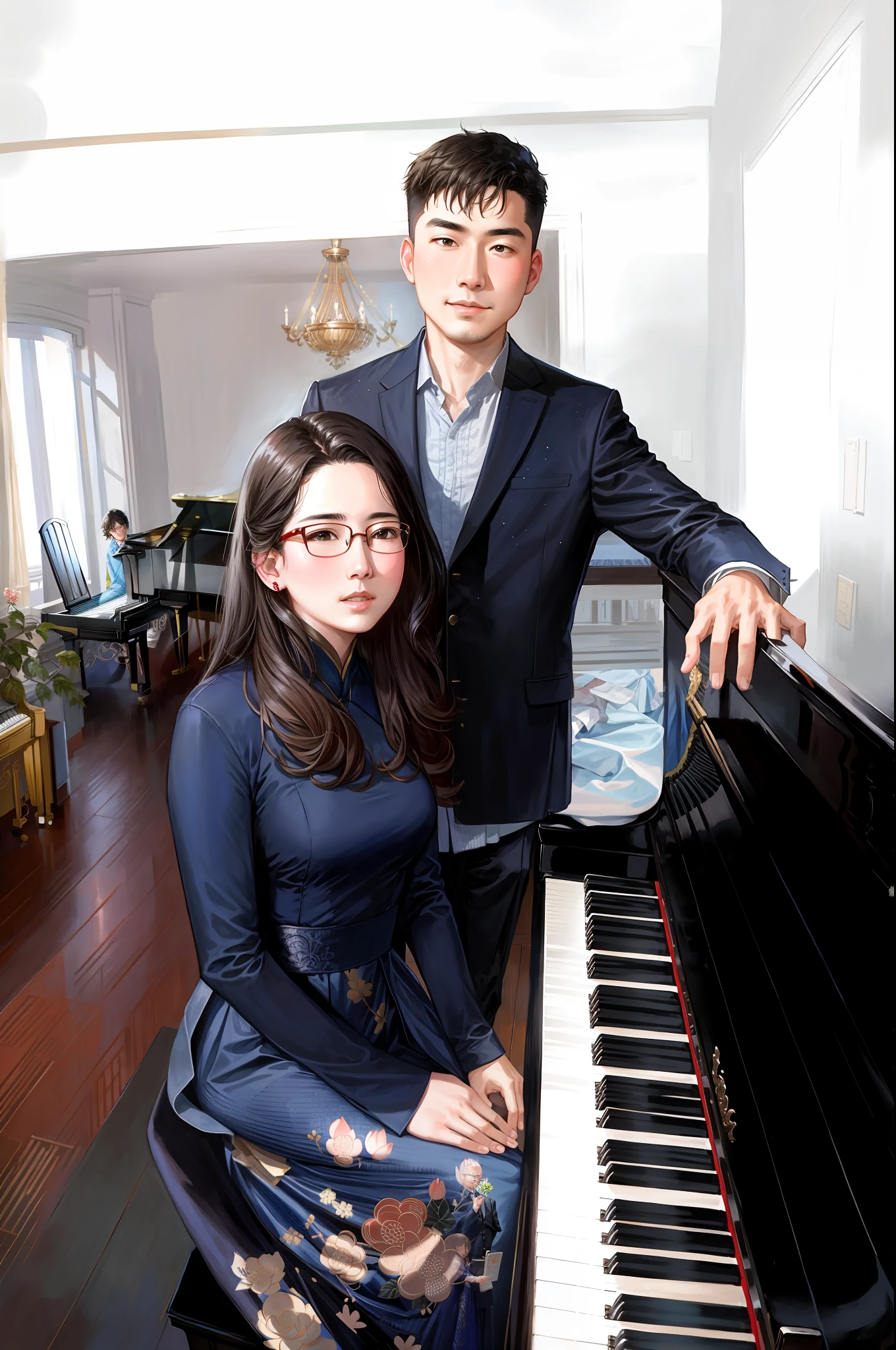 a pretty couple are posing for a picture in front of a piano, the girl is wearing a navy long sleeved dress and wearing glasses, the girl is tall and slim with long wavy brown hair, the boy is wearing a dark navy blazer and blue shirt underneath, ruan jia and fenghua zhong, ayami kojima and greg rutkowski, ruan jia and greg rutkowski, portrait of two people, standing on top of a piano, james jean and fenghua zhong, award-winning composition, piano in the background