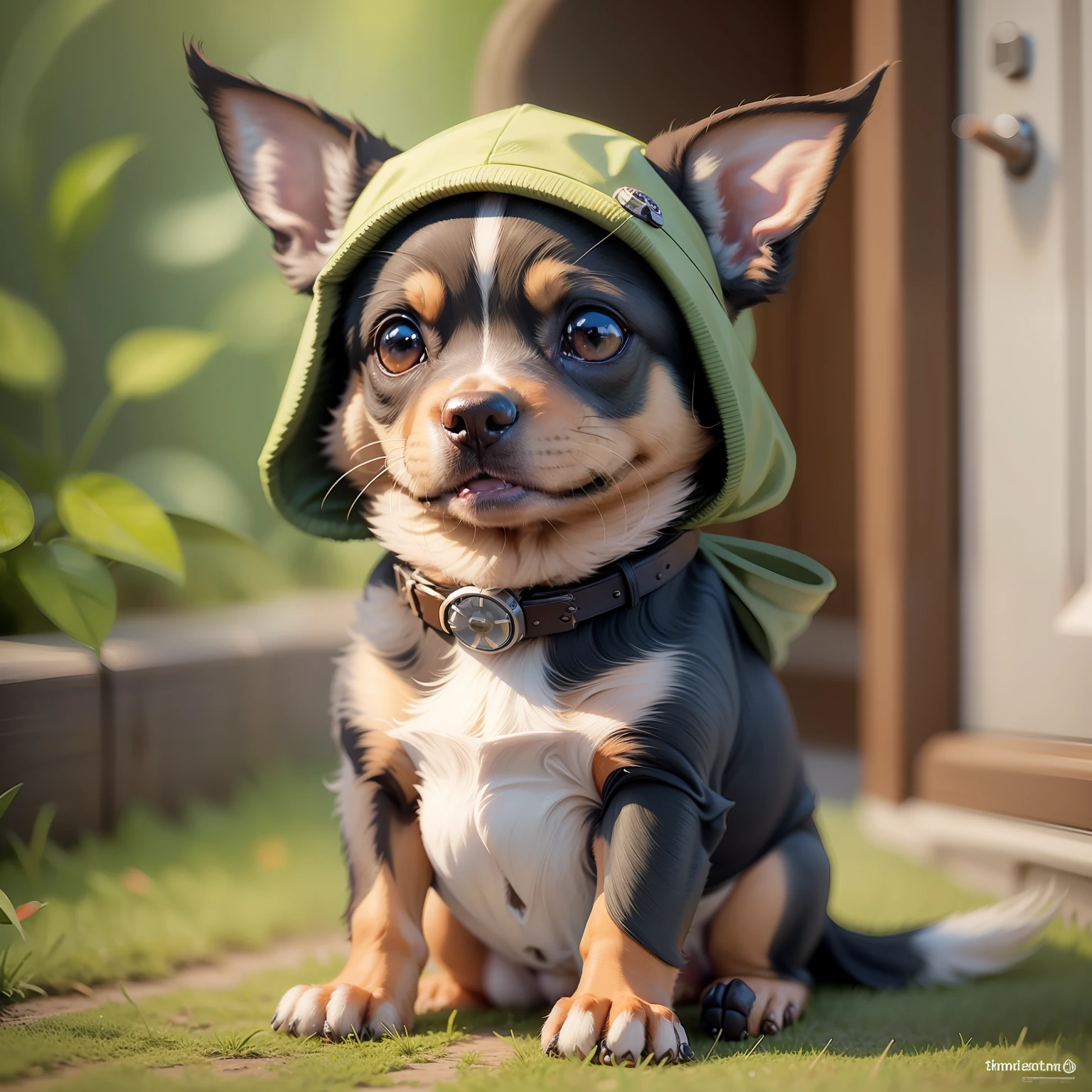 Assistente, bring me an adorable image of a Pinscher dog wearing a Baby Yoda costume. I want to see this combination of cuteness and Star Wars in a single photo! Can you find some picture like that to brighten my day?