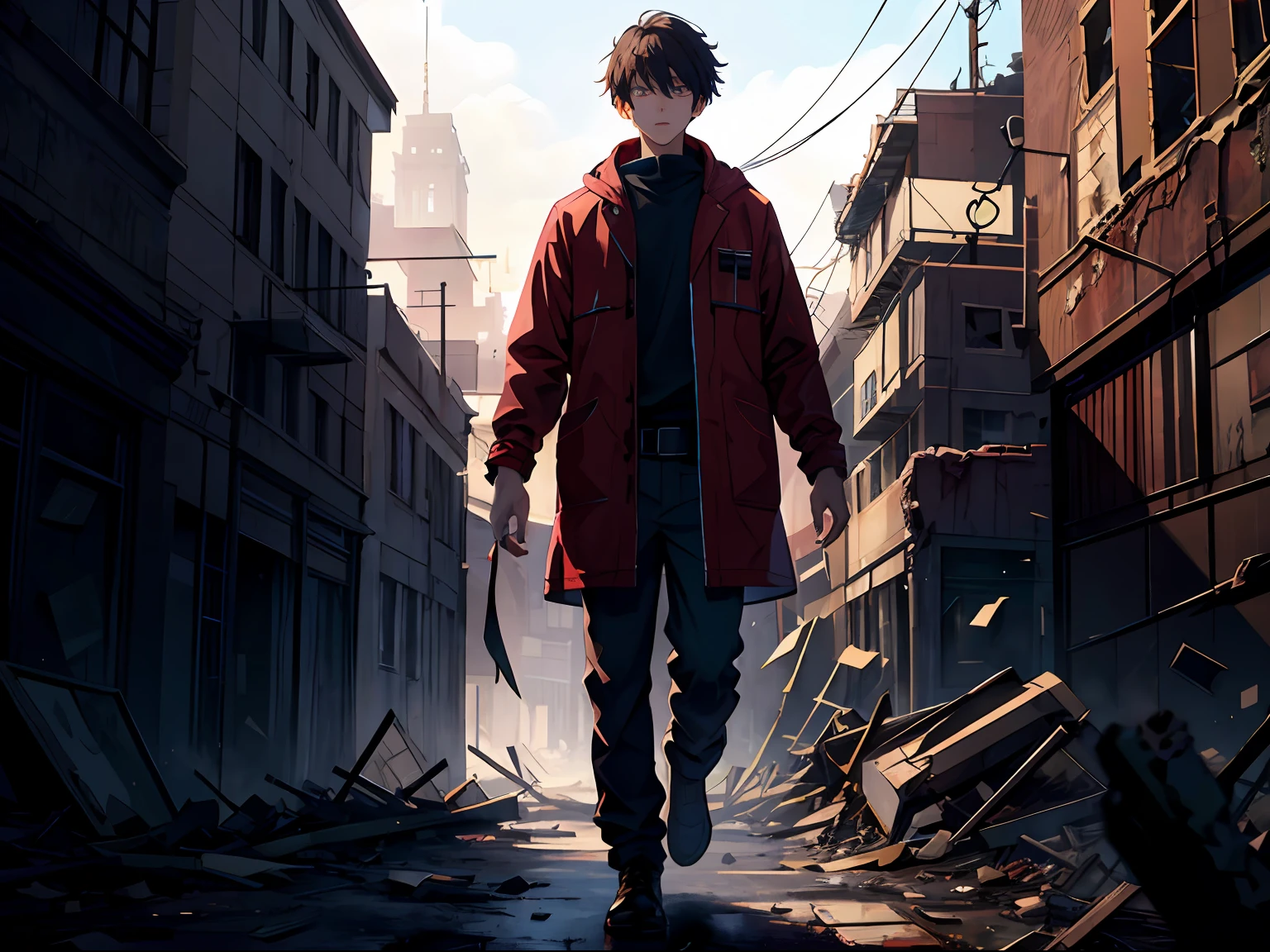 k hd,ultra-detailliert,The illustrations are of high quality,In gray weather,A teenager wrapped his whole body,Revealed a pair of crimson eyes,Walk through the ruined city of the apocalypse