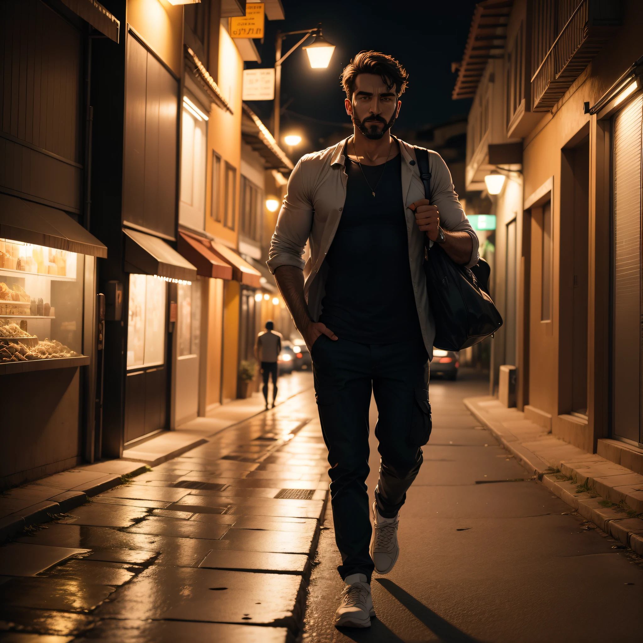 Um homem caminhando em uma rua deserta a noite cheia de luzes, The man is thoughtful, disposto a se vingar de algo