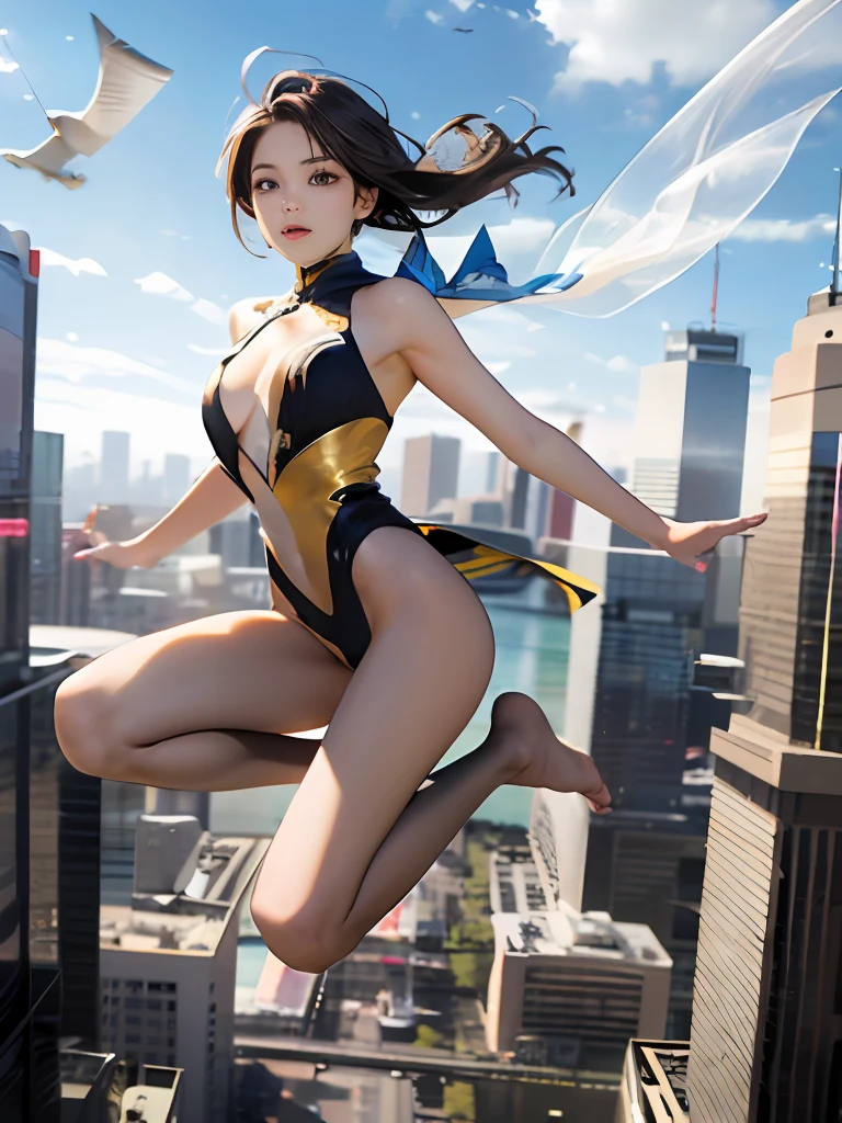 From  above、Professional Writing、((top-quality)), ((​masterpiece)), (detaileds) (18K full body portrait of young girl、Full Ray Tracing、physically-based renderingt), Her name is Amanda。She is a .。One day、She realized she could use her flying magic to fly.、Jump over buildings with ease.。She still flies with flying magic today。、Fly around the world、Looks like you're in Tokyo today............。Fly lightly over downtown。、Strangeware、(((flawless skin texture、Perfect Anatomy、Correct anatomy、perfectly proportions、face perfect、perfect arms、perfect hand、Perfect fingers、Perfect toes、perfect leg)))、Realistic、photographrealistic、Raw photo、Photography、