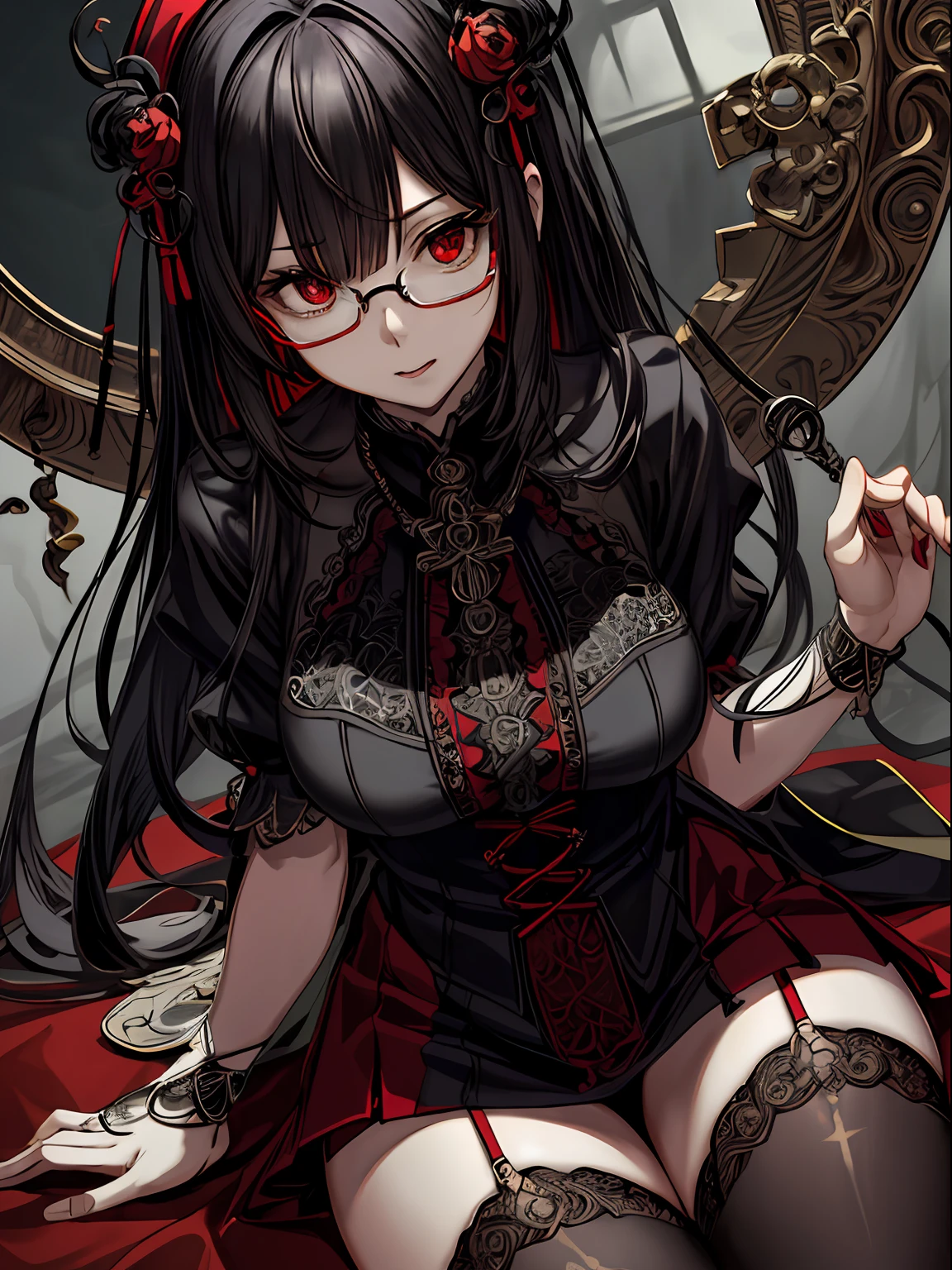 Large breasts、droolng、エロ、thighs thighs thighs thighs、Open 、Thigh Focus、Red and black nurse costume、Cross-eyed、Stranger、View other people、Blunt bangs、Sitting,hand between legs, Glasses, over-kneehighs,Ahegao , Silly,Sexual ecstasy,Drunken eyes,Blunt bangs, Black hair,(masutepiece:1.2, Best Quality), (finely detailed beautiful eye: 1.2), (Detailed background,Dark Fantasy), (beautifull detailed face), High contrast, (Best Illumination, extremely delicate and beautiful), ((Cinematic Light)), Colorful, Hyper Detail, Dramatic light, Intricate details,