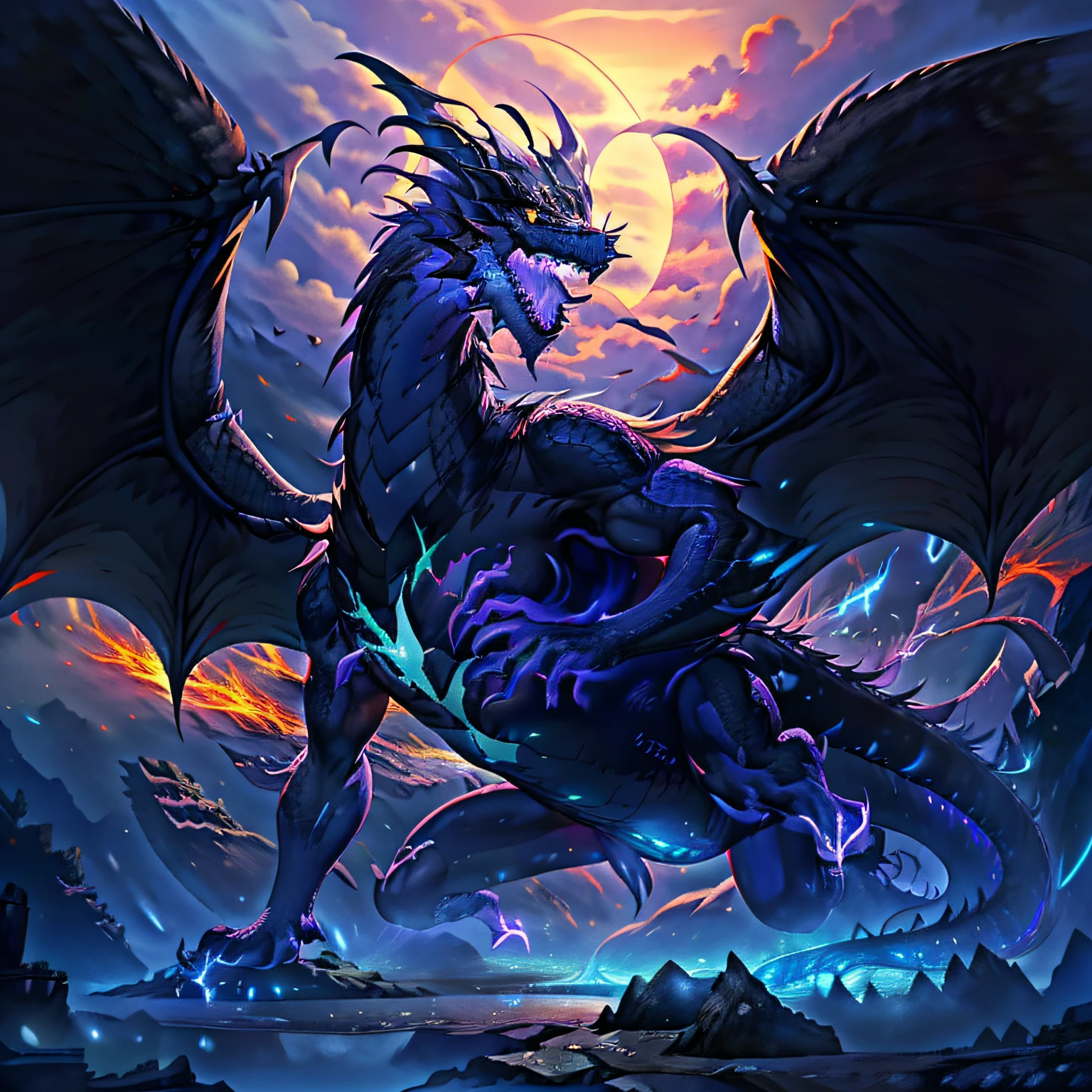 The black dragon with emerald green eyes and purple aura is a creature of beauty and mystery. Your darkened skin is like the deepest night, refletindo um brilho sutil e imponente sob a luz. Its scales are smooth and polished, forming a black armor that shines with a dark elegance. Your eyes are the focal point of your appearance, brilhando com um verde esmeralda hipnotizante. These eyes have a magical touch, able to see beyond appearances and immerse themselves in the essence of the souls they encounter. Eles irradiam uma sabedoria ancestral, making everyone who stares at them feel a shiver of reverence. The purple aura emanating from this black dragon adds a mystical and supernatural dimension to its presence. A luz violeta envolve suas escamas e se estende ao seu redor, creating an enigmatic atmosphere that reveals your connection to the spiritual world. This aura is a representation of your magic and power, granting it a magnetic and imposing presence. Their wings are vast and membranous, allowing him to soar through the skies with extraordinary grace. Quando bate suas asas, a aura roxa brilha intensamente, Creating a magical vision that seems to come out of a dream. Although your appearance may seem intimidating, The black dragon with emerald green eyes and purple aura is a complex and balanced figure. His personality is enigmatic and wise, revealing a deep understanding of the balance between light and shadow. He is a keeper of hidden secrets and a protector of the mystical harmony that pervades the world. His presence is a force of nature, capaz de inspirar temor e respeito em iguais medidas. Those who have the opportunity to meet him are blessed with a unique and unforgettable experience, for he personifies the essence of the magic and majesty of dragons in the fantasy world, ((drogon style)), (game of thrones dragon model)), ((Wyvern))