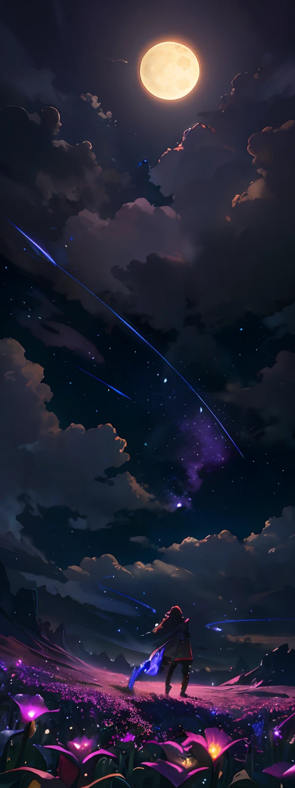 expansive landscape photograph , (a view from below that shows sky above and open field below), a girl standing on flower field looking up, (full moon:1.2), ( shooting stars:0.9), (nebula:1.3), distant mountain, tree BREAK
production art, (warm light source:1.2), (Firefly:1.2), lamp, lot of purple and orange, intricate details, volumetric lighting BREAK
(masterpiece:1.2), (best quality), 4k, ultra-detailed, (dynamic composition:1.4), highly detailed, colorful details,( iridescent colors:1.2), (glowing lighting, atmospheric lighting), dreamy, magical, (solo:1.2)