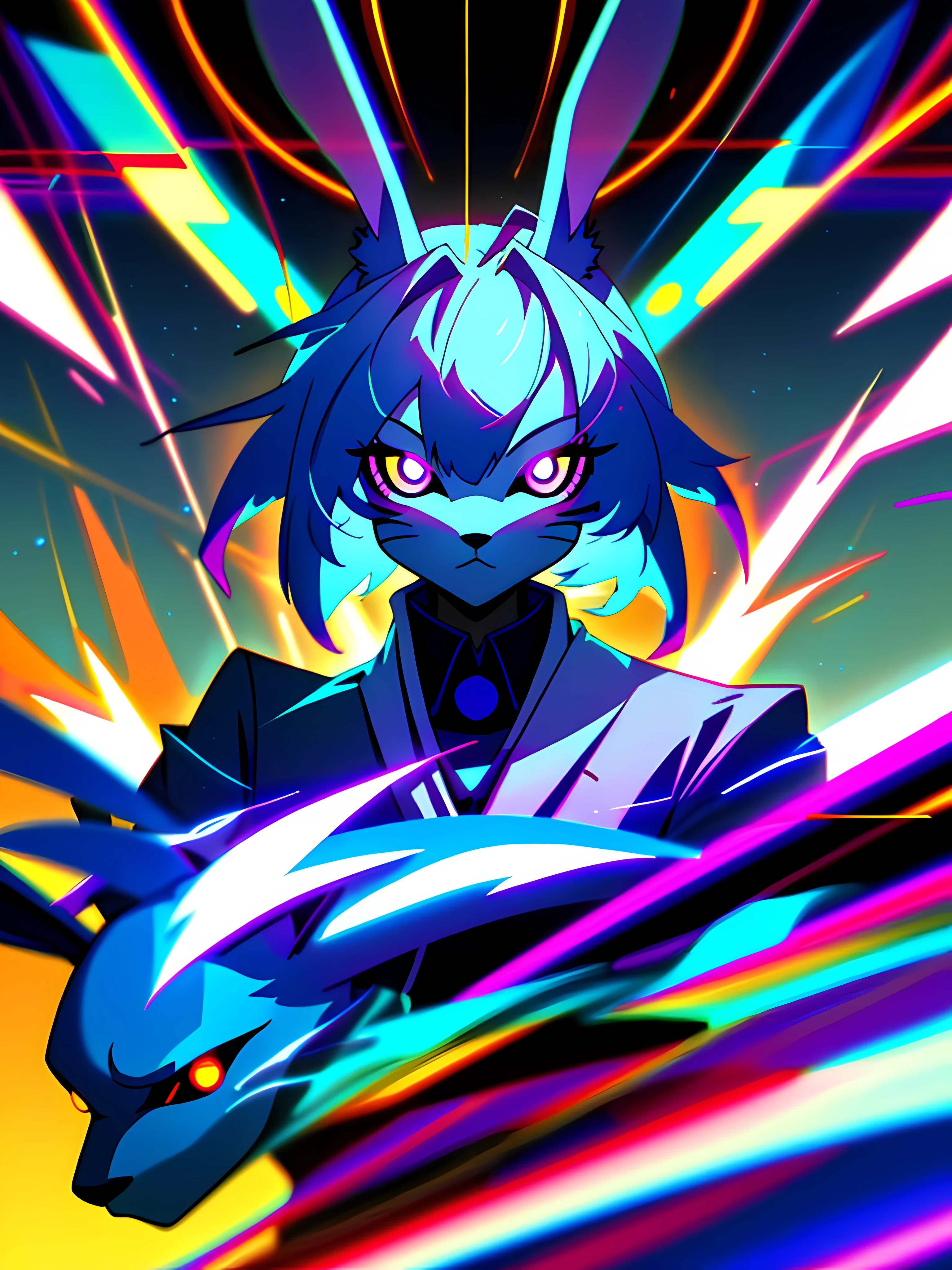 (Zen, Amy Sol style), a blue anthro furry kemono rabbit, (vast decrepit scenery:1.2) blame! style, furry azure blue bunny rabbit in a purple shirt with a black background, blue anthropomorphic bunny rabbit, with glowing eyes, anthro portrait, head-on portrait, nightmarish illustration, glowing eyes everywhere, intense eye contact, hybrid human / anthro, electrixbunny, rabbit anthro portrait, ((portrait)), bunnypunk, weirdcore voidpunk fursona, wearing bunny ears, cover art with light abstraction, abstract, simple vector art, contemporary Cybernetic art, color gradients, soft color palettes, layered forms, whimsical animation, style Ethereal abstract, 4K, --v6