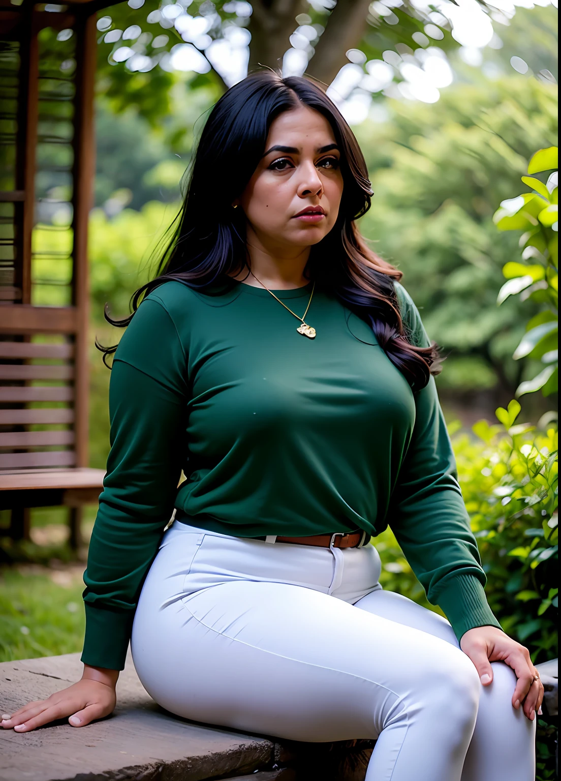 a 55-year-old woman, ((cuello gordo)), (papada), piel morena, cabello largo lacio, cabello color negro, apariencia de 100kg, gordita, plus size, ropa color verde olivo, 24mm, natural lighting, soft illuminaotion, (((ropa verde olivo))), foto muy realista, The sun enters through the leaves of the trees and appear on your face, (((color de ropa verde olivo))), The Amazon rainforest in the background, (((fondo bokeh))), Retrato de alta calidad, Editorial style photography, Cinematographer, Hasselblad, intrincado, (((ropa safari verde olivo))), natural lighting, (Piel mate), ((Poros)), Cara detallada, sentido de escala, Film composition, volumetric illumination, (((fotorrealista))) 4k, fotorrealist, (((poros de la piel))), (((photo taken with a Canon T7 camera))), HDR 4k, 8k, aspecto vintage Fujifilm X-T5, mucho drama