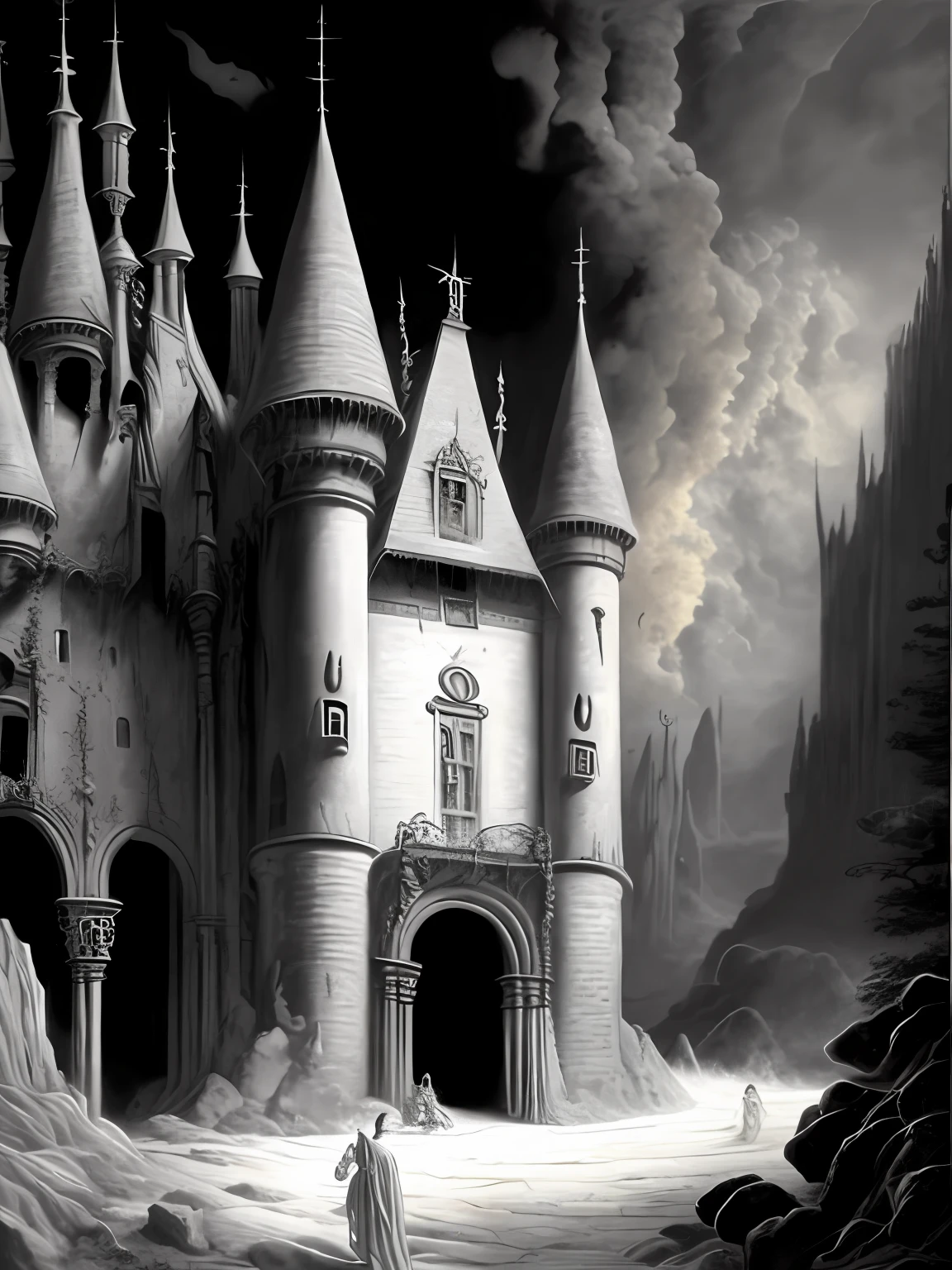 Black and white painting of a castle by Gustave d'Or,