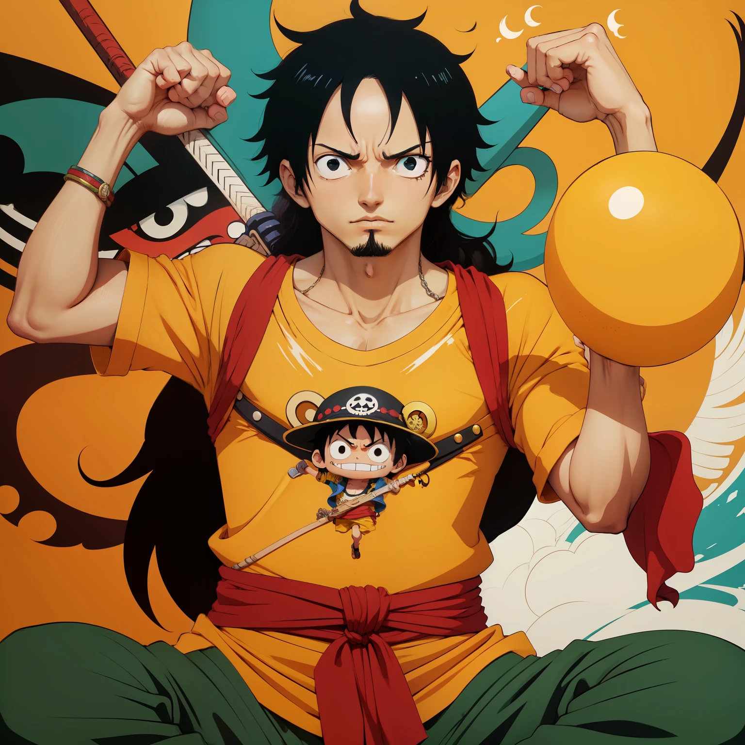 \(One_Piece\), Estilo de arte de anime, estilo de arte de Eiichiro Oda, sozinho, sozinho, 1st grade, 1menino, 1homem, olhos castanhos claros, cabelo longo grande, roupa completa, t-shirt, long jeans, logpose, botas, cabelo negro, sorrir, atletic_Corpo, pele parda, cicatrizes pelo corpo, cabelo volumoso longo, cabelo arrepiado, Luvas, cinto, olhos relaxados, body to the waist, (boa qualidade), (bem detalhado), navio de piratas, objetos e ferramentas de engenheiro, mapas, espada