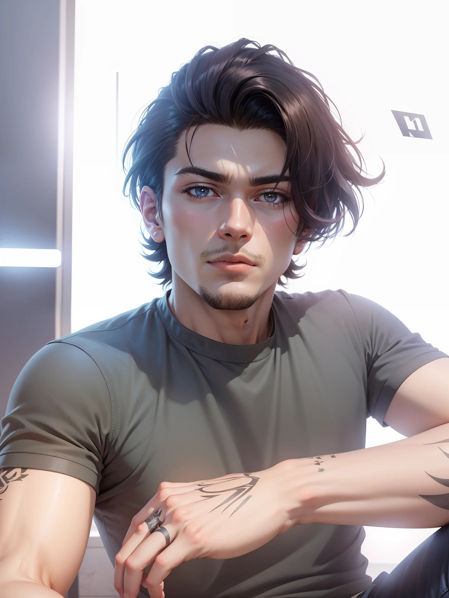 change background look realistic,male anime character,with tattoo on hands