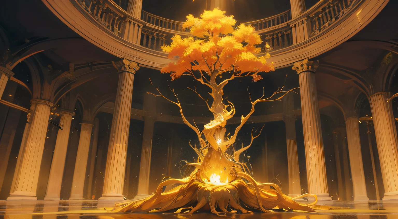 "Produce an image of a mythical golden tree with roots that extend deep into the earth and branches that reach towards the heavens."