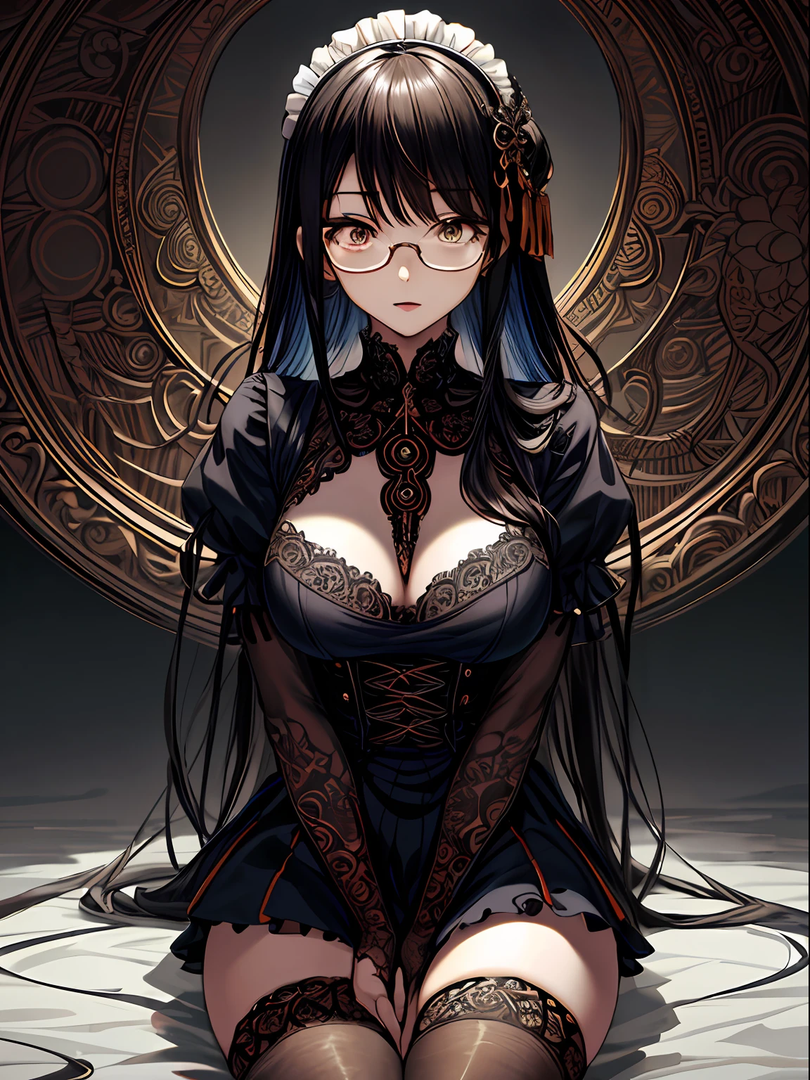 Huza、Large breasts、droolng、エロ、thighs thighs thighs thighs、Open 、Thigh Focus、maid、Cross-eyed、Stranger、View other people、Blunt bangs、Sitting,hand between legs, Glasses, over-kneehighs,Ahegao , Silly,Sexual ecstasy,Drunken eyes,Blunt bangs, Black hair,(masutepiece:1.2, Best Quality), (finely detailed beautiful eye: 1.2), (Detailed background,Dark Fantasy), (beautifull detailed face), High contrast, (Best Illumination, extremely delicate and beautiful), ((Cinematic Light)), Colorful, Hyper Detail, Dramatic light, Intricate details,