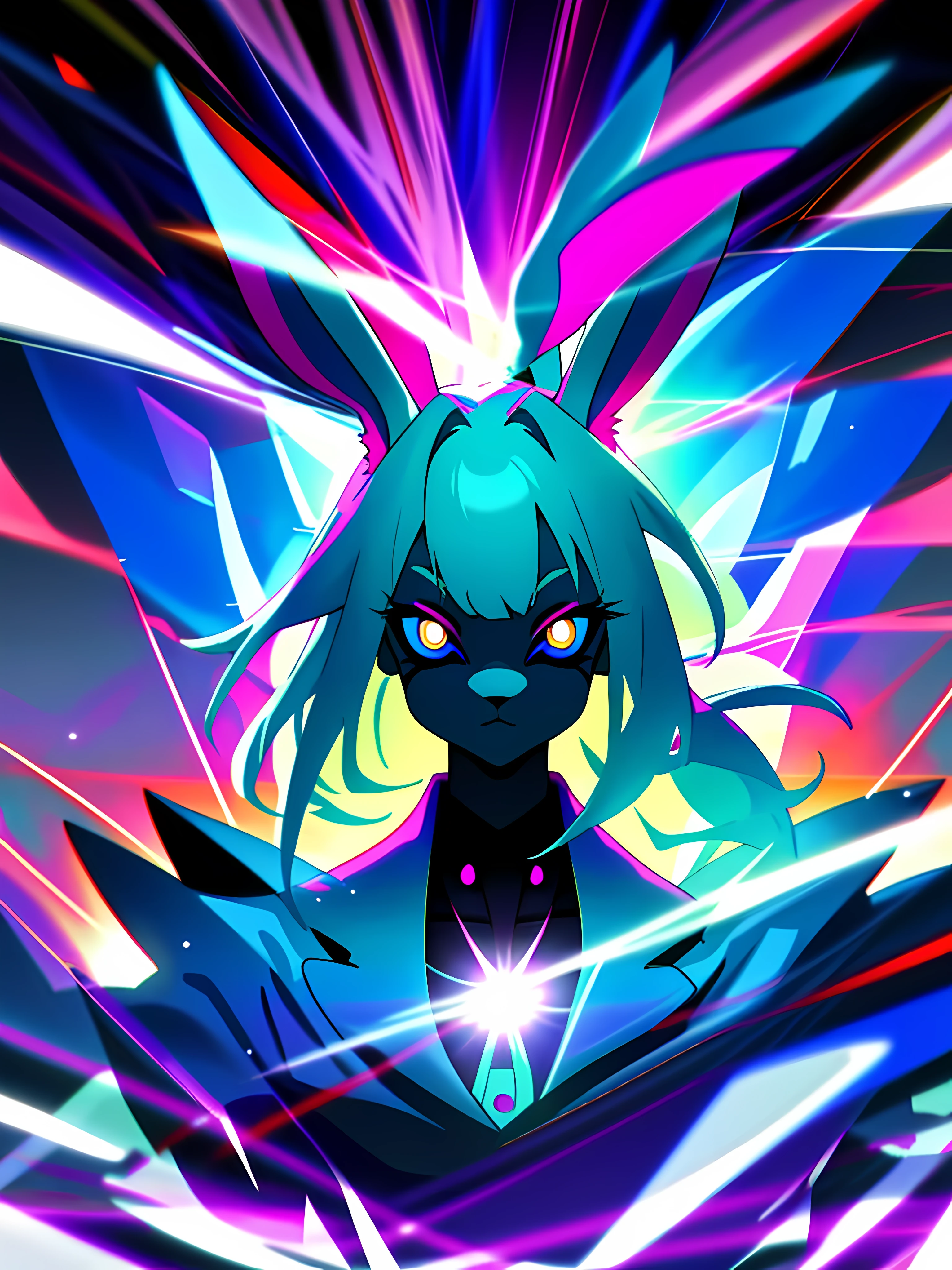 (Zen, Amy Sol style), a blue anthro furry kemono rabbit, (vast decrepit scenery:1.2) blame! style, furry azure blue bunny rabbit in a purple shirt with a black background, blue anthropomorphic bunny rabbit, with glowing eyes, anthro portrait, head-on portrait, nightmarish illustration, glowing eyes everywhere, intense eye contact, hybrid human / anthro, electrixbunny, rabbit anthro portrait, ((portrait)), bunnypunk, weirdcore voidpunk fursona, wearing bunny ears, cover art with light abstraction, abstract, simple vector art, contemporary Cybernetic art, color gradients, soft color palettes, layered forms, whimsical animation, style Ethereal abstract, 4K, --v6