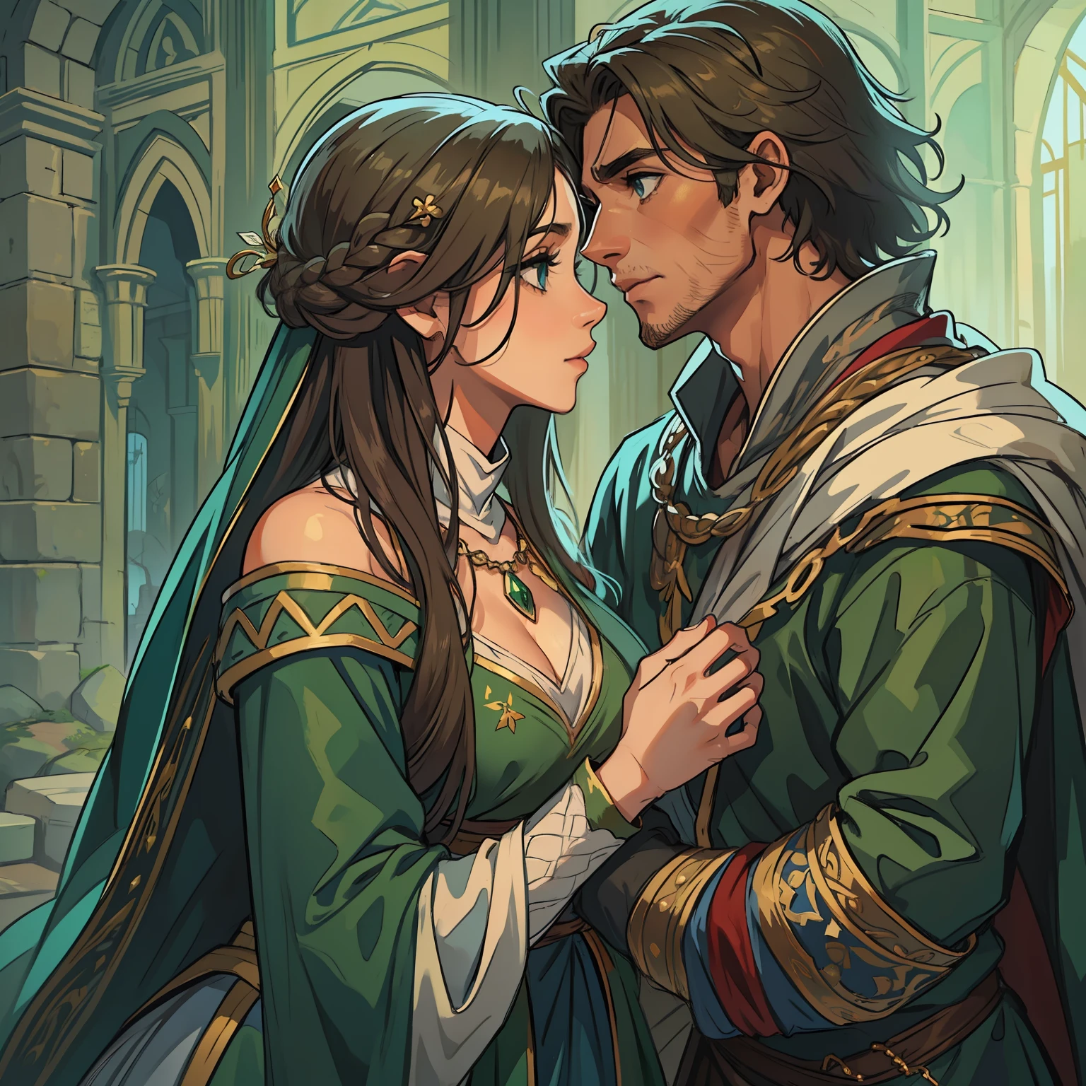 um lindo  e jovem casal sendo um homem de cabelos brancos e olhos azuis com uma mulher de cabelos castanhos e olhos verdes, They wear elegant medieval robes and are embraced together in an act of intimate affection, roupas medievais uma arte medieval para RPG arte de RPG