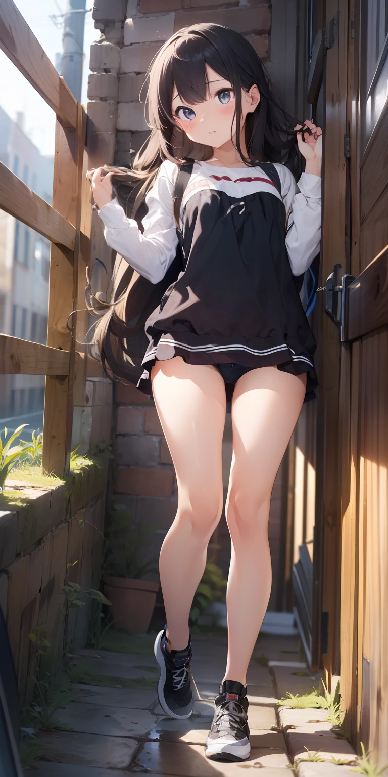 (8K)、(Top image quality:1.2)、(reallistic)、(Photorealsitic:1.37)、The ultra -The high-definition、1girll、a closed mouth、Beautiful details、Beautiful nose in every detail、The highest image quality、Exceptional detail、超A high resolution、Favor the details、Highly condensed 1girl、delicate and beautiful face、The long-haired、dishevled hair、Standing with your hands against the wall、Slouched、sticking out the buttocks、beauty legs、Open your legs