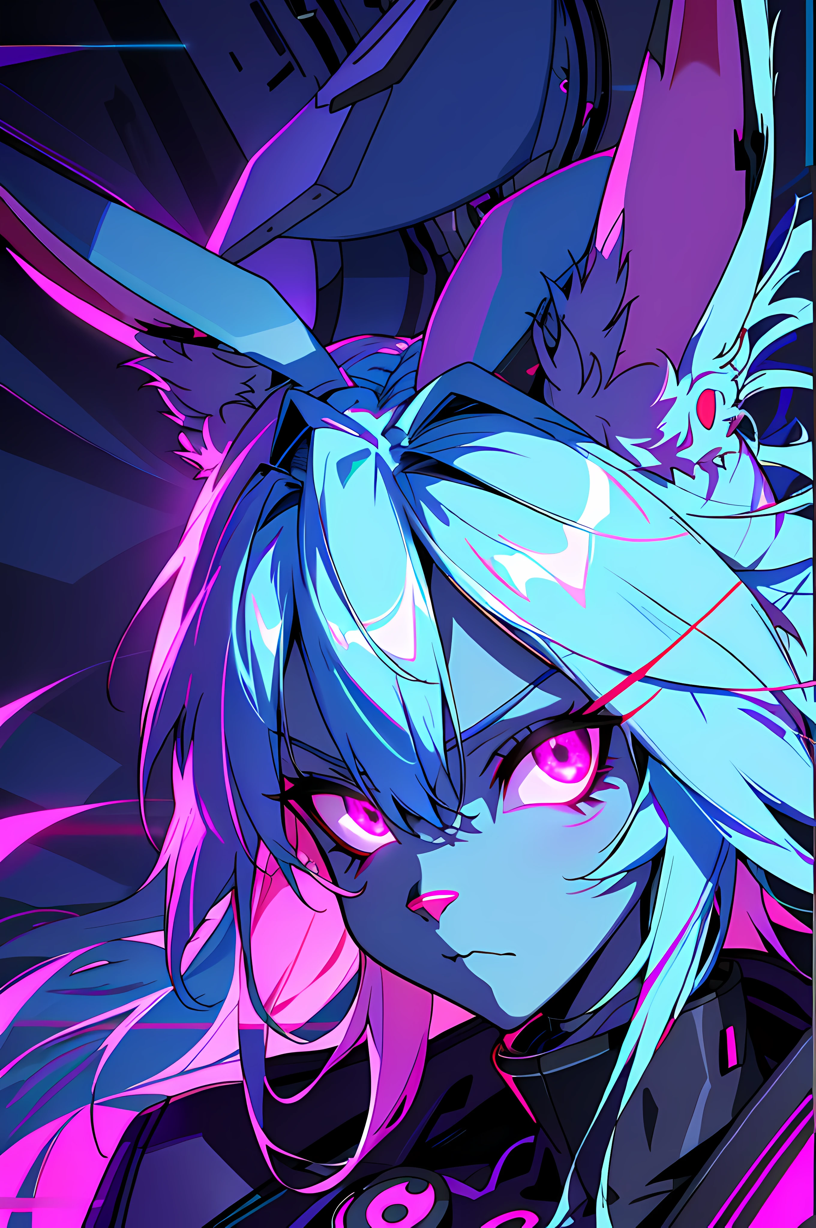 (Zen, Amy Sol style), a blue anthro furry kemono rabbit, (vast decrepit scenery:1.2) blame! style, furry azure blue bunny rabbit in a purple shirt with a black background, blue anthropomorphic bunny rabbit, with glowing eyes, anthro portrait, head-on portrait, nightmarish illustration, glowing eyes everywhere, intense eye contact, hybrid human / anthro, electrixbunny, rabbit anthro portrait, ((portrait)), bunnypunk, weirdcore voidpunk fursona, wearing bunny ears, cover art with light abstraction, abstract, simple vector art, contemporary Cybernetic art, color gradients, soft color palettes, layered forms, whimsical animation, style Ethereal abstract, 4K, --v6