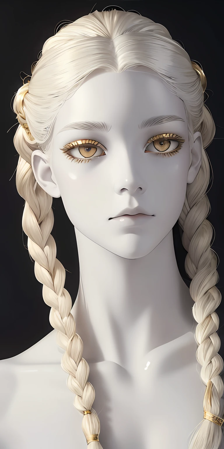 best quality, masterpiece,white hair, gold eyes,white clothes, looking up, upper body,hair strand,Fair skin,side braids