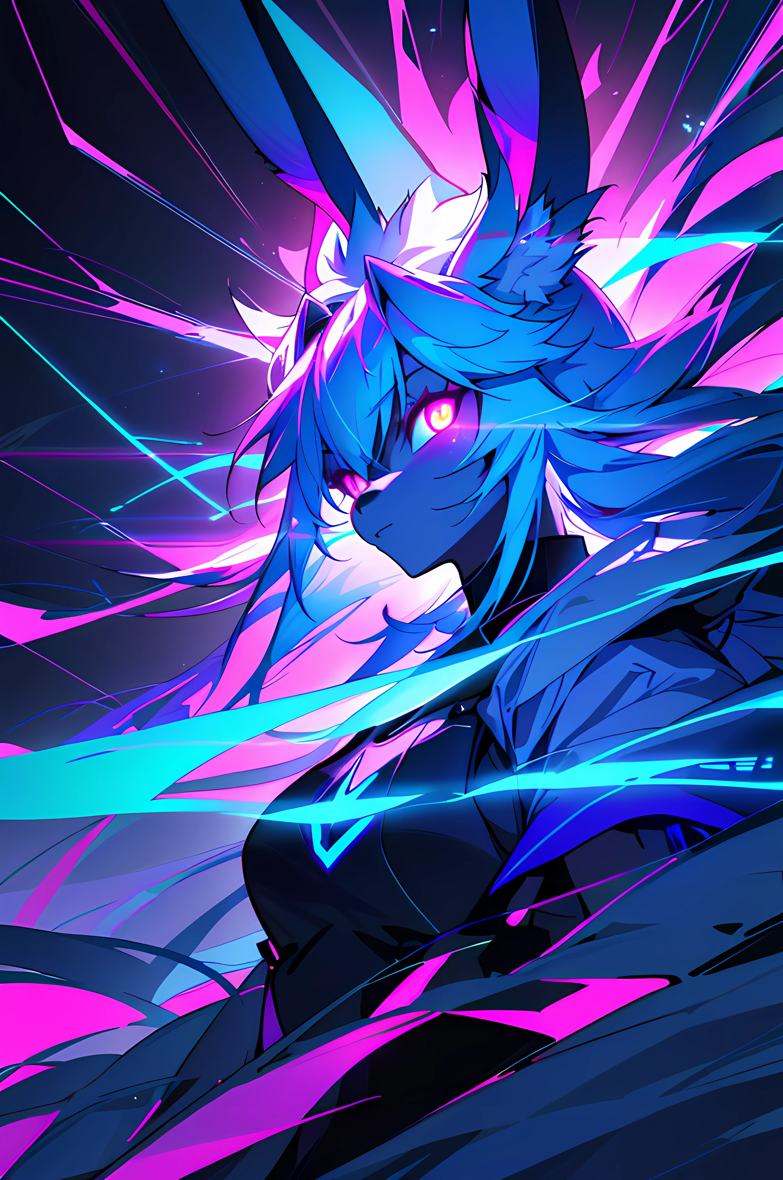 (Zen, Amy Sol style), a blue anthro furry kemono rabbit, (vast decrepit scenery:1.2) blame! style, furry azure blue bunny rabbit in a purple shirt with a black background, cute intense bunny, blue anthropomorphic bunny rabbit, with glowing eyes, anthro portrait, head-on portrait, nightmarish illustration, glowing eyes everywhere, intense eye contact, hybrid human / anthro, electrixbunny, rabbit anthro portrait, ((portrait)), bunnypunk, weirdcore voidpunk fursona, wearing bunny ears, cover art with light abstraction, abstract, simple vector art, contemporary Cybernetic art, color gradients, soft color palettes, layered forms, whimsical animation, style Ethereal abstract, 4K, --v6