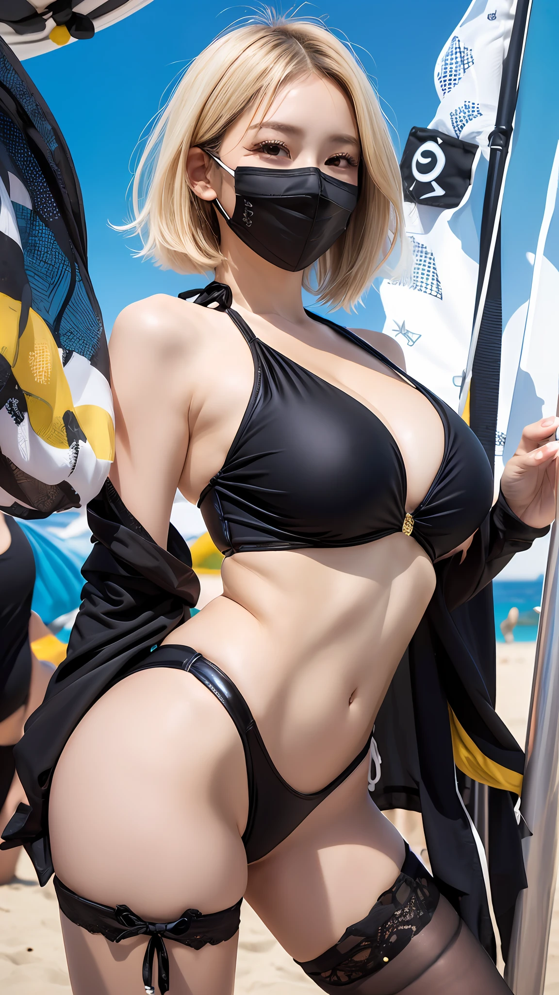 (8K, 超A high resolution, Best Quality, masutepiece:1.2)、8K、RAW portrait of japanese girl、Photorealsitic、超A high resolution、top-quality、 (cleavage of the breast、huge-breasted:1.3),((Black T-Back Monokini、Considerably less area:1.5))、(black masks:1.5)、(Sunny Beach:1.3) BREAK (Natural Skin Texture、Detailed skin、Hyper-Realism、ultra sharpness)、intricate detailes、depth of fields、Japan idol system、爆乳、(short-haired blonde hair of all lengths:1.3)、Thigh opening、voluptuous breasts、Gal、Show the armpits、big eye、bangss、tall、Eye lashes、Bewitching look、Sexy adult woman、{shiny beautiful buttocks、stick out buttocks、Close up crotch、Backshots:1.5}、Crotch bite、