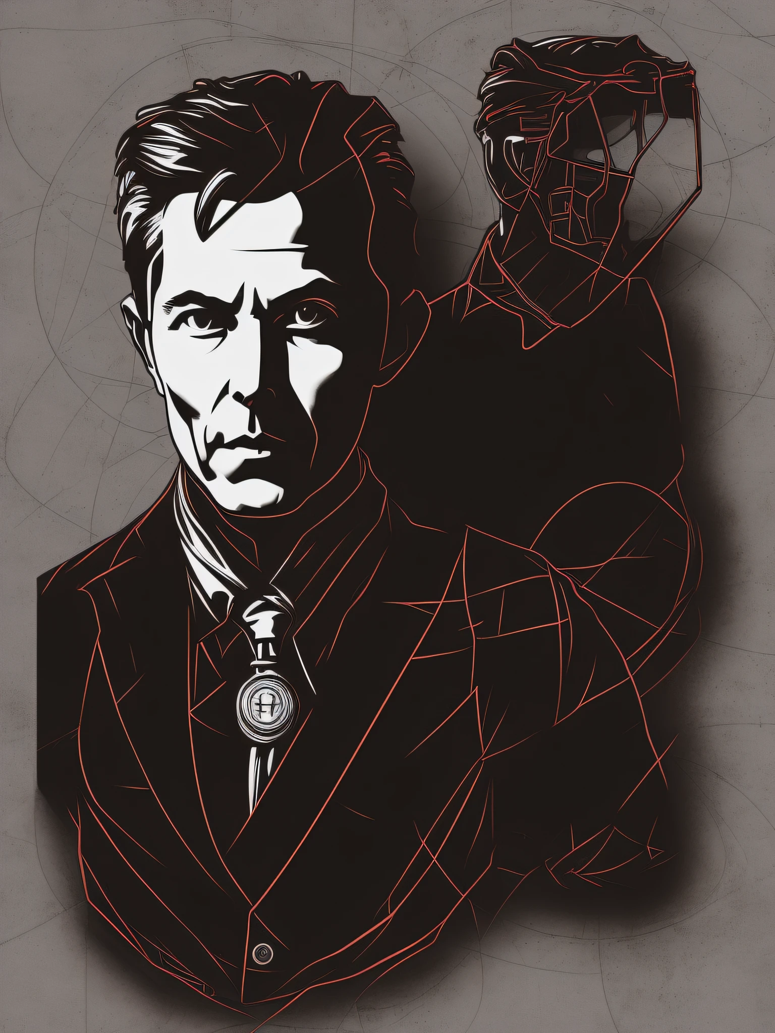 Nikolas Tesla, arte da camiseta, 2D, ((fundo preto: 1, 5)), vetor, cores vivas, obra-prima, melhor qualidade, detalhes intrincados, perfect symmetrical face, detalhes realistas, gothic theme, luz de aro, luar, cinematic shading, Greg Rutkowisk