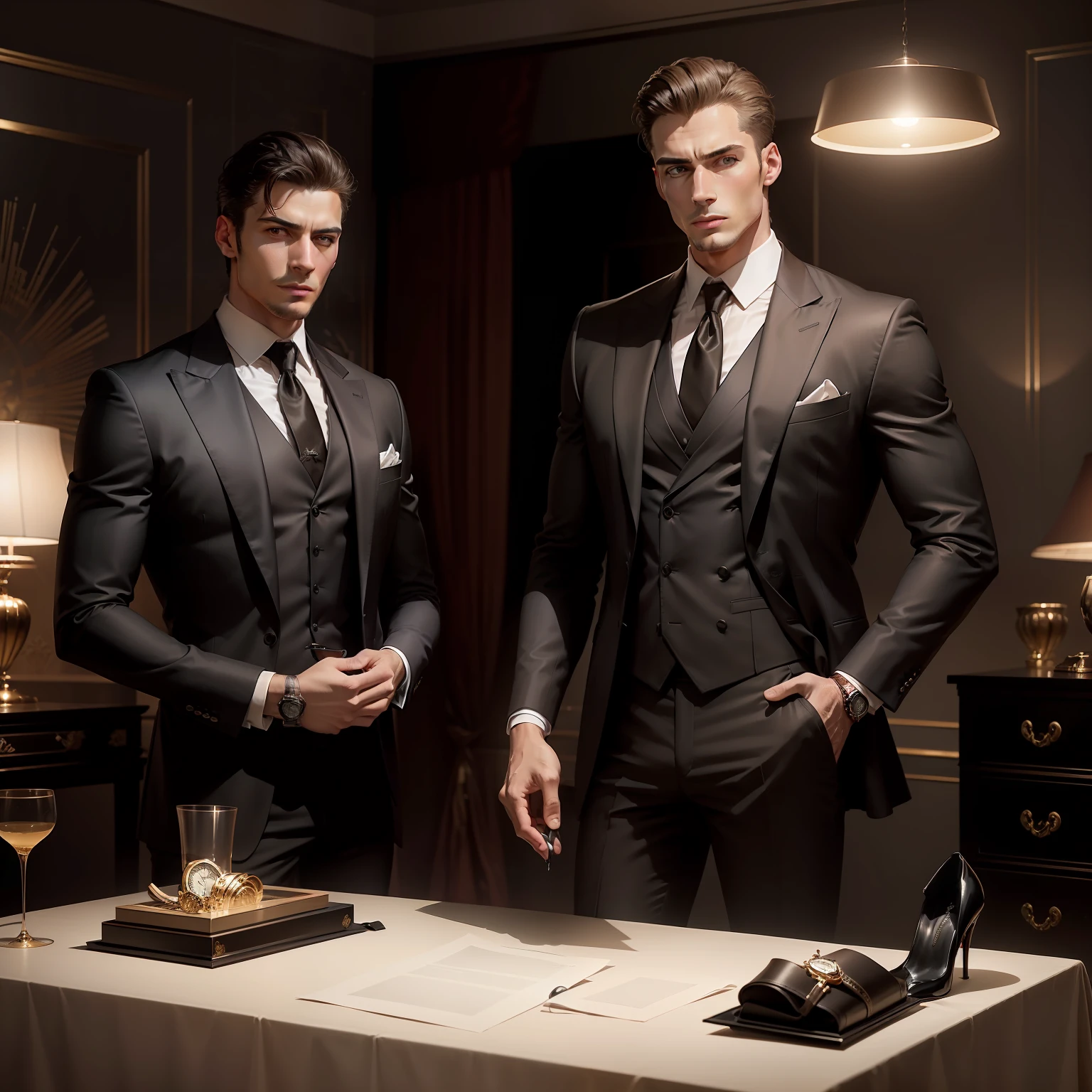 A banner for an online store of the modern man, displaying products like elegant suits, designer shoes and luxury watches, arranged in a sophisticated studio environment with dramatic lighting, creating an atmosphere of exclusivity and luxury, Photography, using a medium format camera with a prime lens to highlight the details of the products