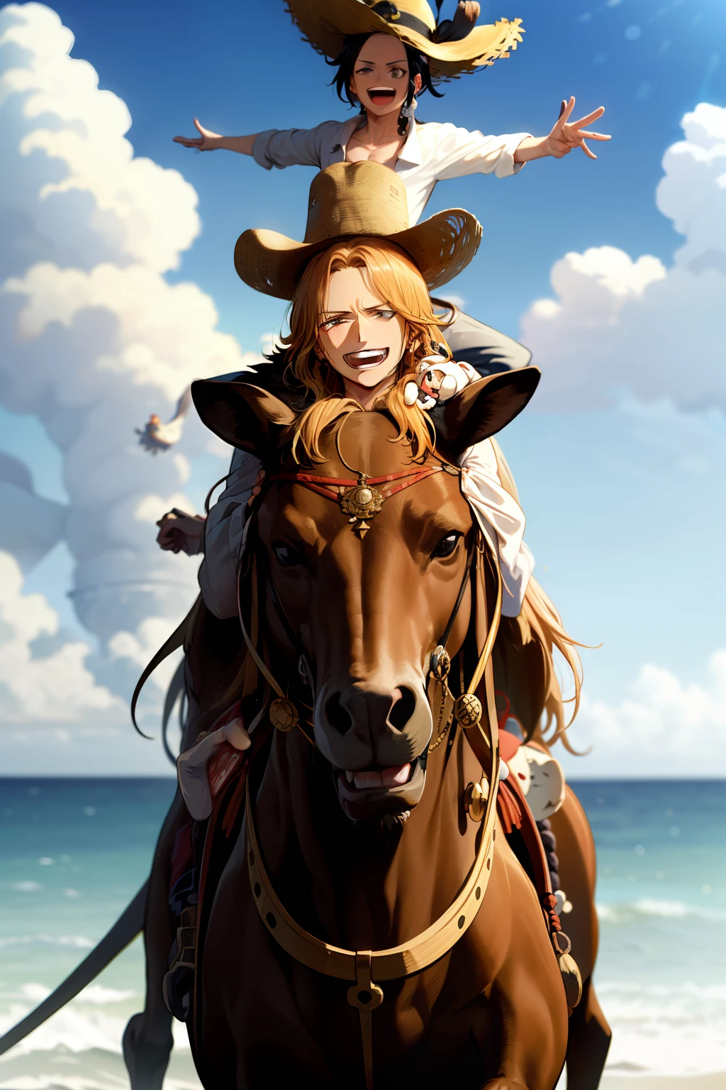 White boy with short straight hair stands on top of a dragon in search of the one piece along with the crew of the straw hat with the big mom behind trying to reach us while the Shanks keeps smiling watching us behind the great treasure that the king of pirates left