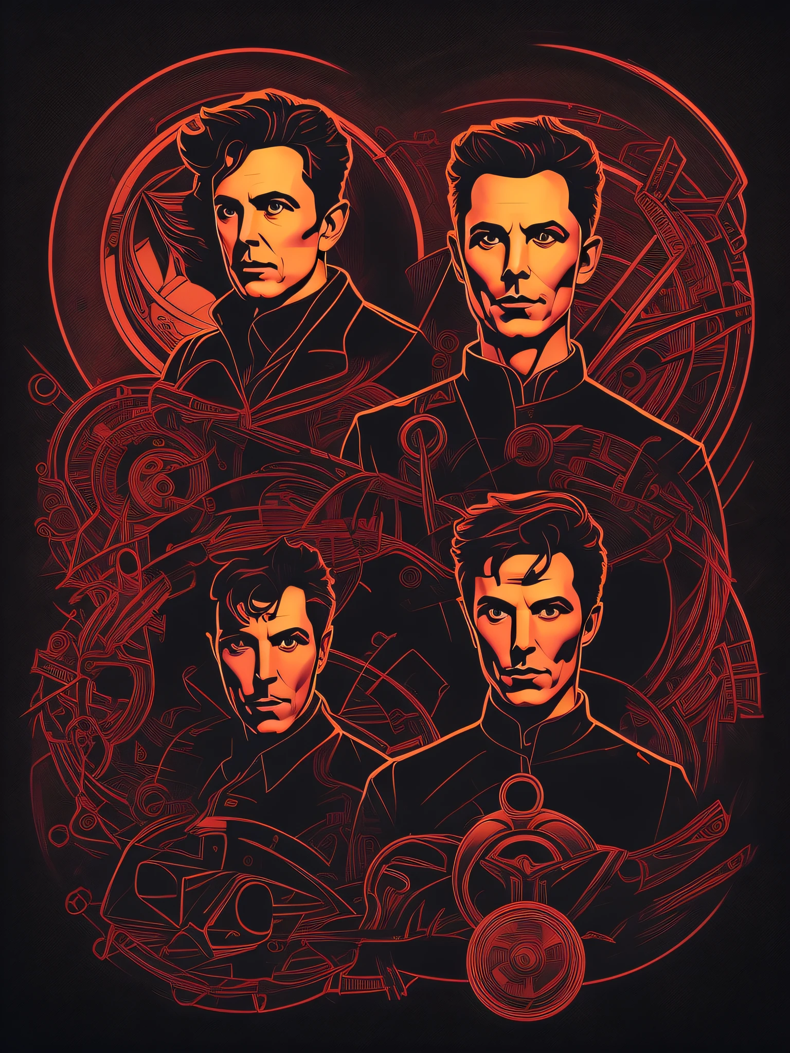 Nikolas Tesla, arte da camiseta, 2D, ((fundo preto: 1, 5)), vetor, cores vivas, obra-prima, melhor qualidade, detalhes intrincados, perfect symmetrical face, detalhes realistas, gothic theme, luz de aro, luar, cinematic shading, Greg Rutkowisk