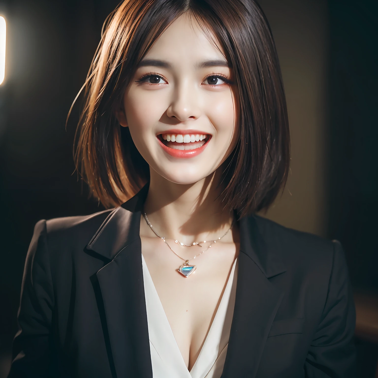Dressed, (photographrealistic:1.4), (Hyper realistic:1.4), (Realistic:1.3), (Smoother lighting:1.05), (increase cinematic lighting quality:0.9), 32K, 1girl in,25-years old, Realistic lighting, Backlighting, Light on Face, raytrace, (Brightening light:1.2), (Increase quality:1.4), (Top quality real texture skins:1.4), finely detailed eyes, finerly detailed face, (tired and sleepy and joy:0), (Laugh:1.4), Black Suit,a necklace, (Increase body line mood:1.1), (Increase the beauty of skin texture:1.1),vampire