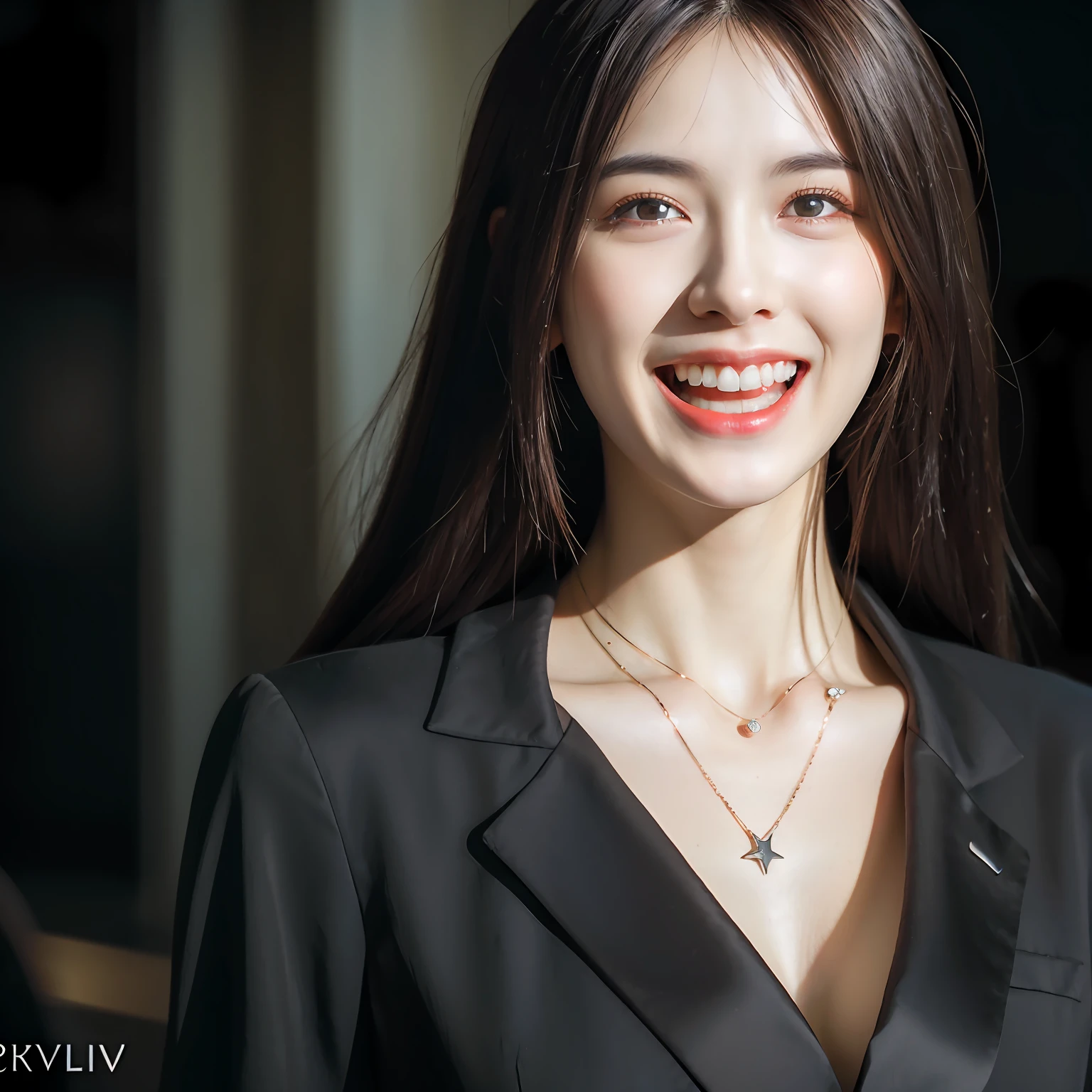 Dressed, (photographrealistic:1.4), (Hyper realistic:1.4), (Realistic:1.3), (Smoother lighting:1.05), (increase cinematic lighting quality:0.9), 32K, 1girl in,25-years old, Realistic lighting, Backlighting, Light on Face, raytrace, (Brightening light:1.2), (Increase quality:1.4), (Top quality real texture skins:1.4), finely detailed eyes, finerly detailed face, (tired and sleepy and joy:0), (Laugh:1.4), Black Suit,a necklace, (Increase body line mood:1.1), (Increase the beauty of skin texture:1.1),vampire