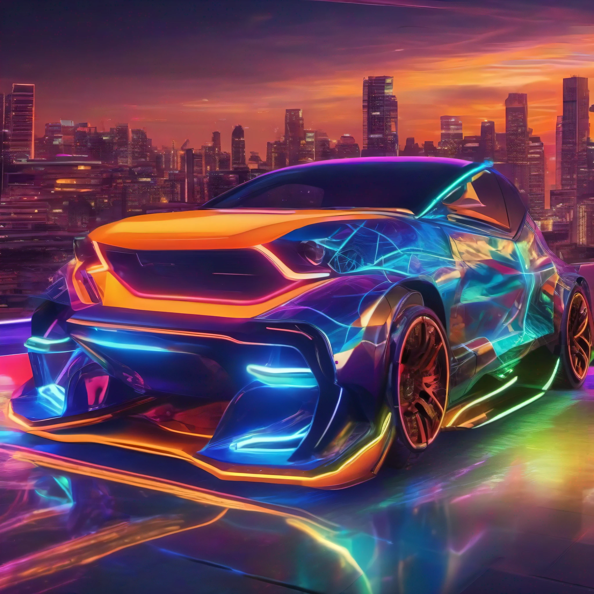 "carro esportivo, ultra detalhado, cores vibrantes, raios cinza e luzes neon extremamente brilhosos, moderno e futurista."