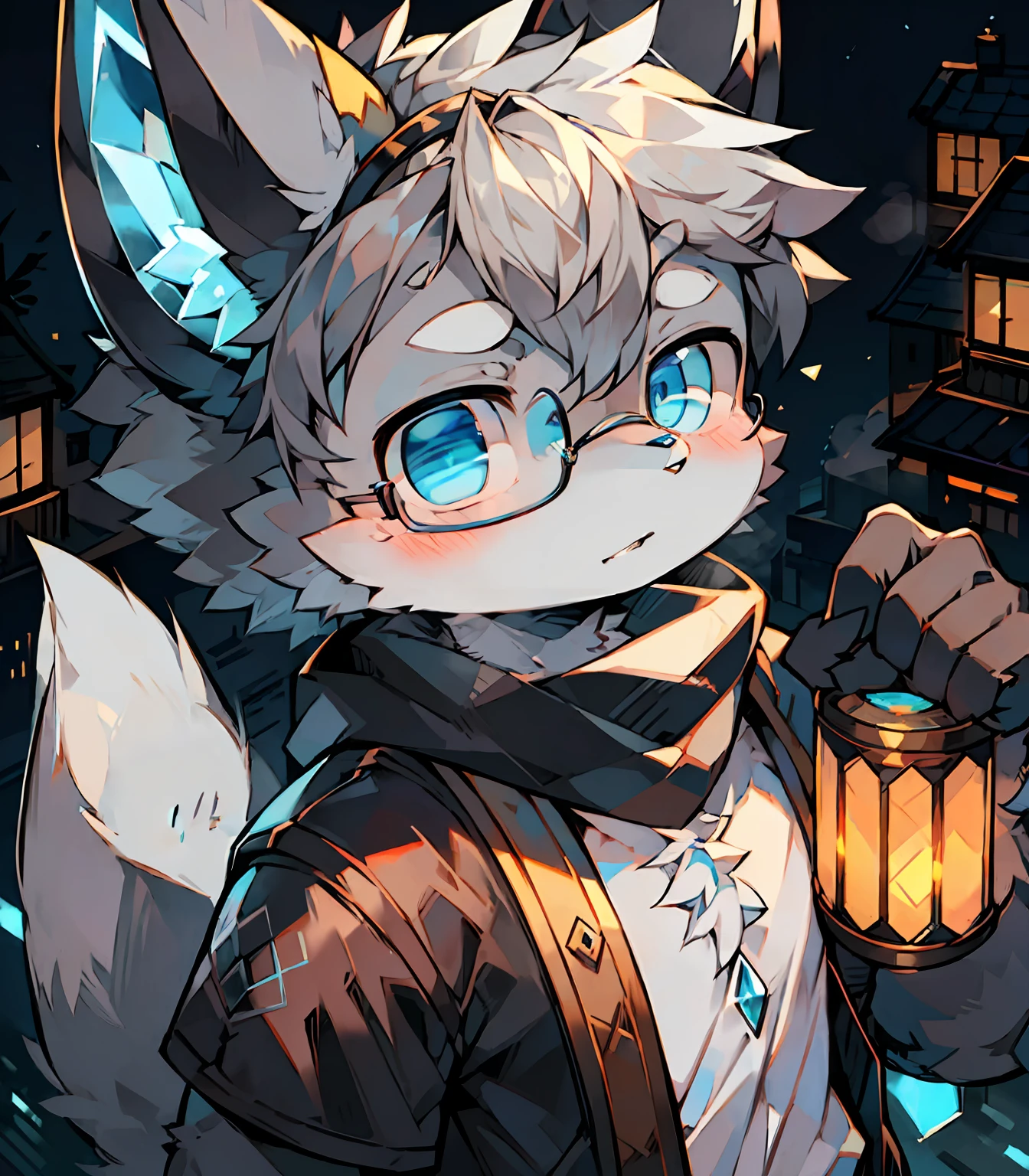 Highest image quality，Delicate painting style，Delicate hook lines，tmasterpiece，Fine fine skin，Delicate hair，Complete painting，A masterpiece，Delicate hands，finely-detailed eyes，Normal eyes，Gray cat ears，furry，Gray hair，Black-framed round glasses，eBlue eyes，adolable，Handsome，（（White scarf）），Cat style，Shota，cyber punk perssonage, Blue pupil, city night scene, Gray hair, By bangs，Dappled light and shadow, steampunc，short detailed hair，boy，There are bright eyes of God, Crystal fragments in the air, 城市，（（Fighting posture））