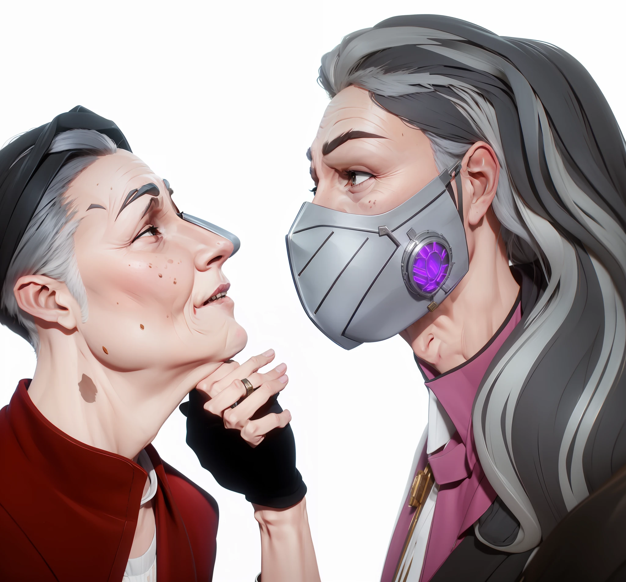 An elderly woman in a backlit metal mask holds a man by the chin, Gray Hair, wrinkles, Hair texture, photo realism, beste-Qualit, detailing, Age